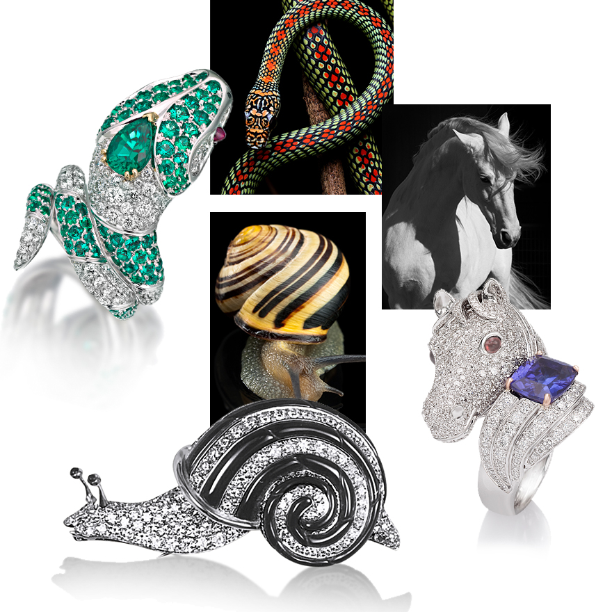 Clockwise from upper left – PICCHIOTTI Emerald and Diamond Snake Ring, artistic images of snake, horse, snail, PICCHIOTTI Horse Ring with Diamonds and large cushion cut Tanzanite, PICCHIOTTI White Diamond and Black Onyx Garden Snail Brooch