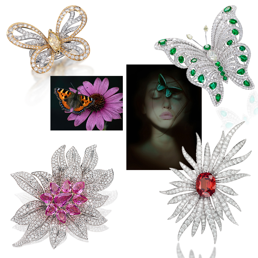 Clockwise from upper left – PICCHIOTTI Butterfly Ring with Center Marquis Yellow Diamond, Flower & Butterfly Art Photography, PICCHIOTTI Diamond and Emerald Butterfly Ring, PICCHIOTTI “Essentially Color” Floral Brooch with White Diamond Petals and Rare Unheated Orange Spessartite Center, PICCHIOTTI Diamond and Pink Sapphire Floral Brooch that was featured in Veranda Magazine April/May 2021