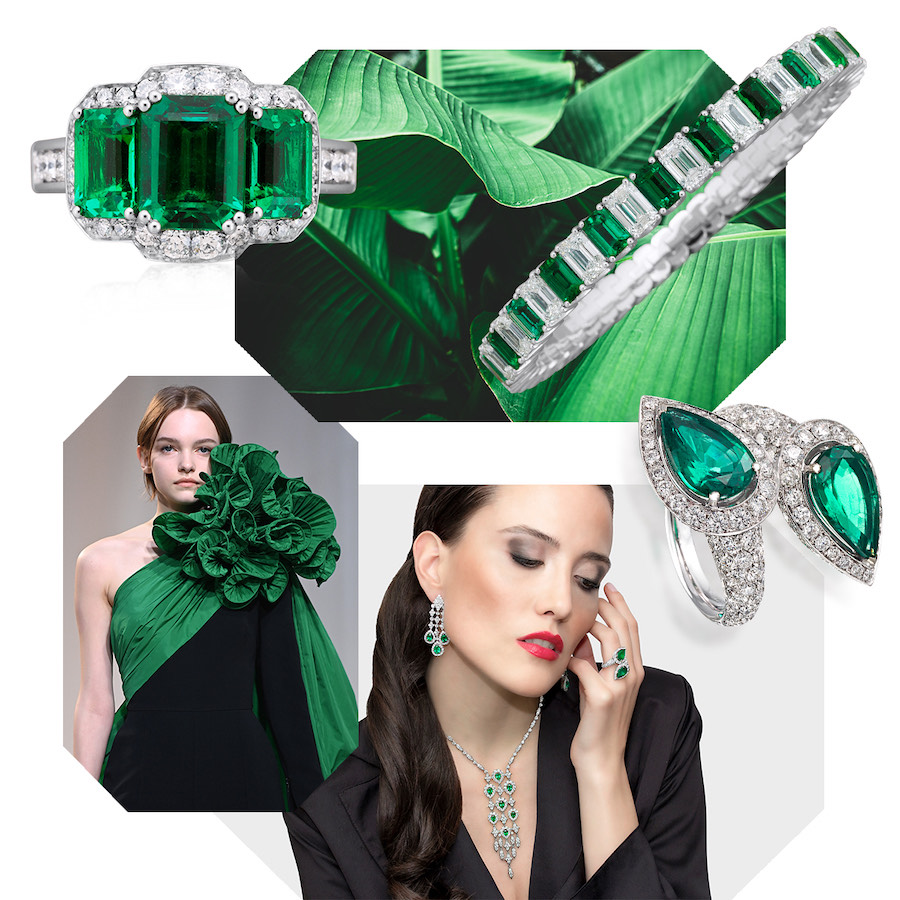 PICCHIOTTI Xpandable cocktail ring with octagonal Emeralds and round Diamonds, PICCHIOTTI Xpandable For the Love of Color bracelet with octagonal Emeralds and emerald-cut Diamonds, PICCHIOTTI Fine Jewelry – Chandelier ring with drop Emeralds and round Diamonds, Model wearing PICCHIOTTI Chandelier Emerald Collection