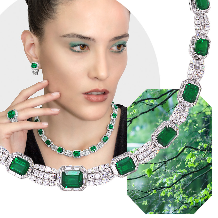 Model wearing PICCHIOTTI Emerald Masterpieces, PICCHIOTTI Fit for a Queen Emerald Masterpiece necklace