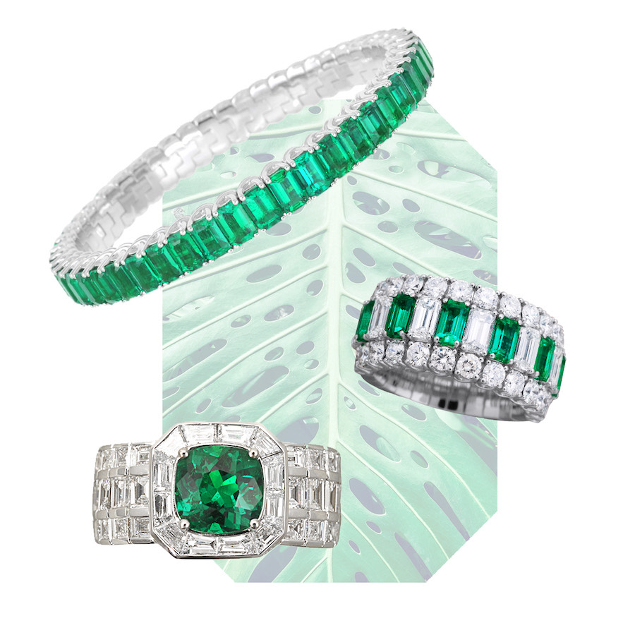 PICCHIOTTI Xpandable™ Emerald bracelet, PICCHIOTTI Xpandable™ Emerald and Diamond ring, PICCHIOTTI Xpandable Cocktail ring with cushion cut Emerald and baguette Diamonds