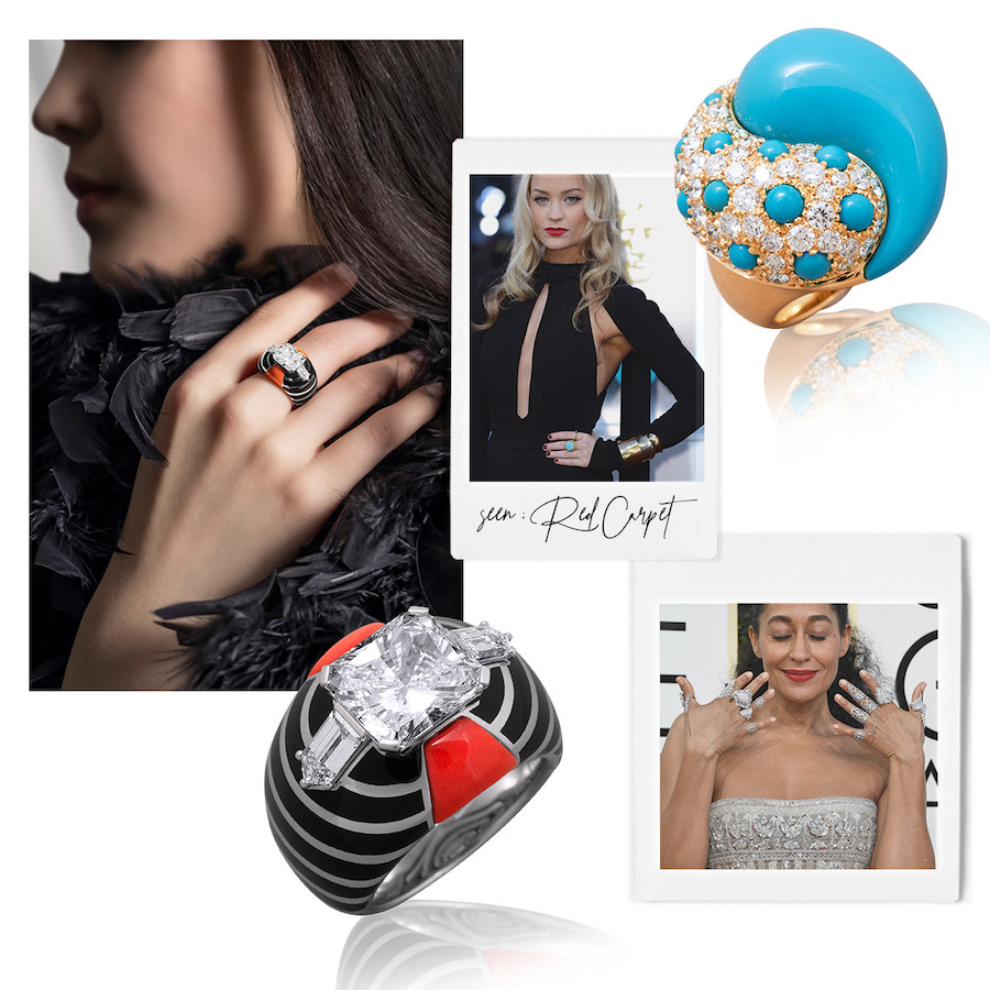Clockwise from Upper Left – model wearing PICCHIOTTI Fine Jewelry Gem Ceramics Art Deco Ring, Tracey Ellis Ross at the Golden Globes, PICCHIOTTI Perfect Harmony Ring in Turquoise and Diamonds, Natalia Vodianova at the Cannes Film Festival 2022, PICCHIOTTI Fine Jewelry Gem Ceramics Art Deco Ring