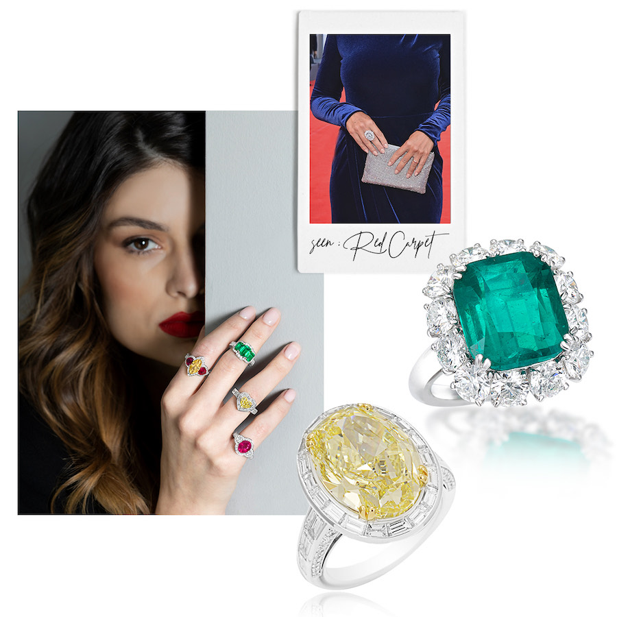 Clockwise from Upper Right – Roberta Giarusso wearing a cocktail ring at the Venice International Film Festival 2022, PICCHIOTTI Masterpieces Emerald Cocktail Ring, PICCHIOTTI Masterpieces Fancy Yellow Diamond Ring, model wearing PICCHIOTTI Xpandable™ Cocktail Rings