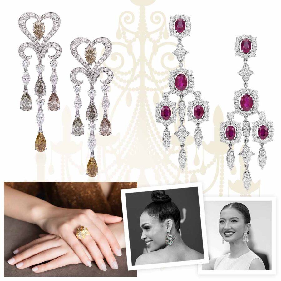 Picchiotti Chandelier earrings with Fancy colored diamonds, PICCHIOTTI ruby and diamond Chandelier earrings, Raline Shah at Cannes Film Festival, Rosario Dawson at 2022 SAG Awards, PICCHIOTTI Fancy Yellow Diamond Chandelier Ring