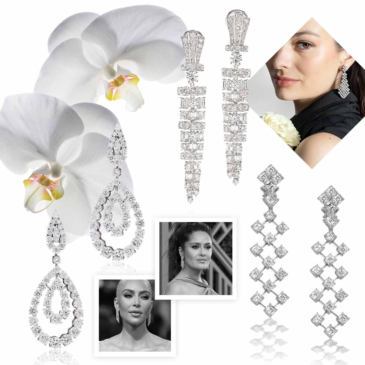 model wearing PICCHIOTTI graduated triangle Chandelier earrings, PICCHIOTTI crisscross white diamond Chandelier earrings, Selma Hayek at 2022 Sag Awards, Kim Kardashian at 2022 Met Gala, PICCHIOTTI “Hoops” drop earrings