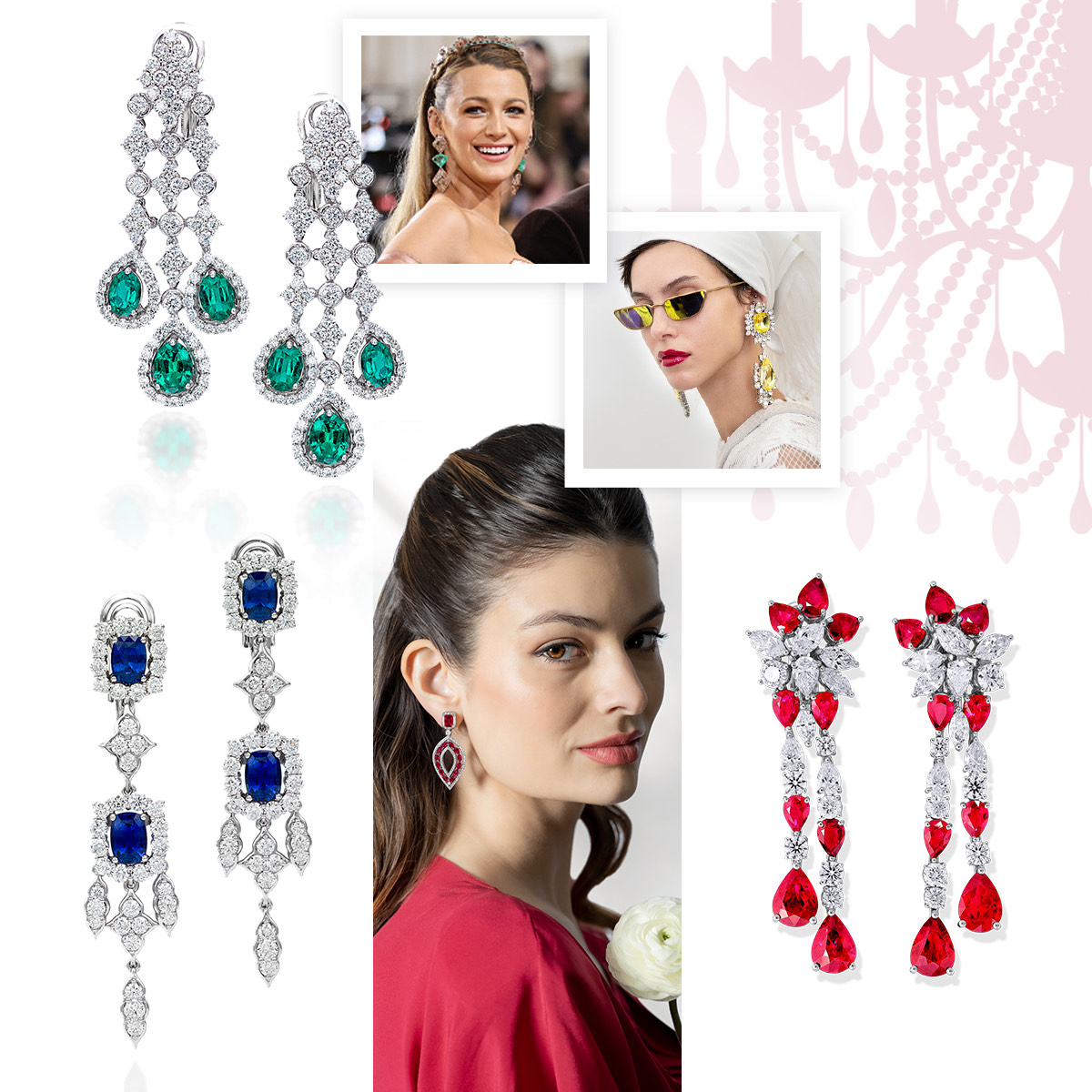 PICCHIOTTI emerald and diamond Chandelier earrings, Blake Lively at the 2022 Met Gala, Giambattista Valli S/S 2022, PICCHIOTTI ruby and diamond floral Chandelier earrings, model wearing PICCHIOTTI “Eclipse” ruby and diamond Chandelier earrings, PICCHIOTTI sapphire and diamond Chandelier earrings