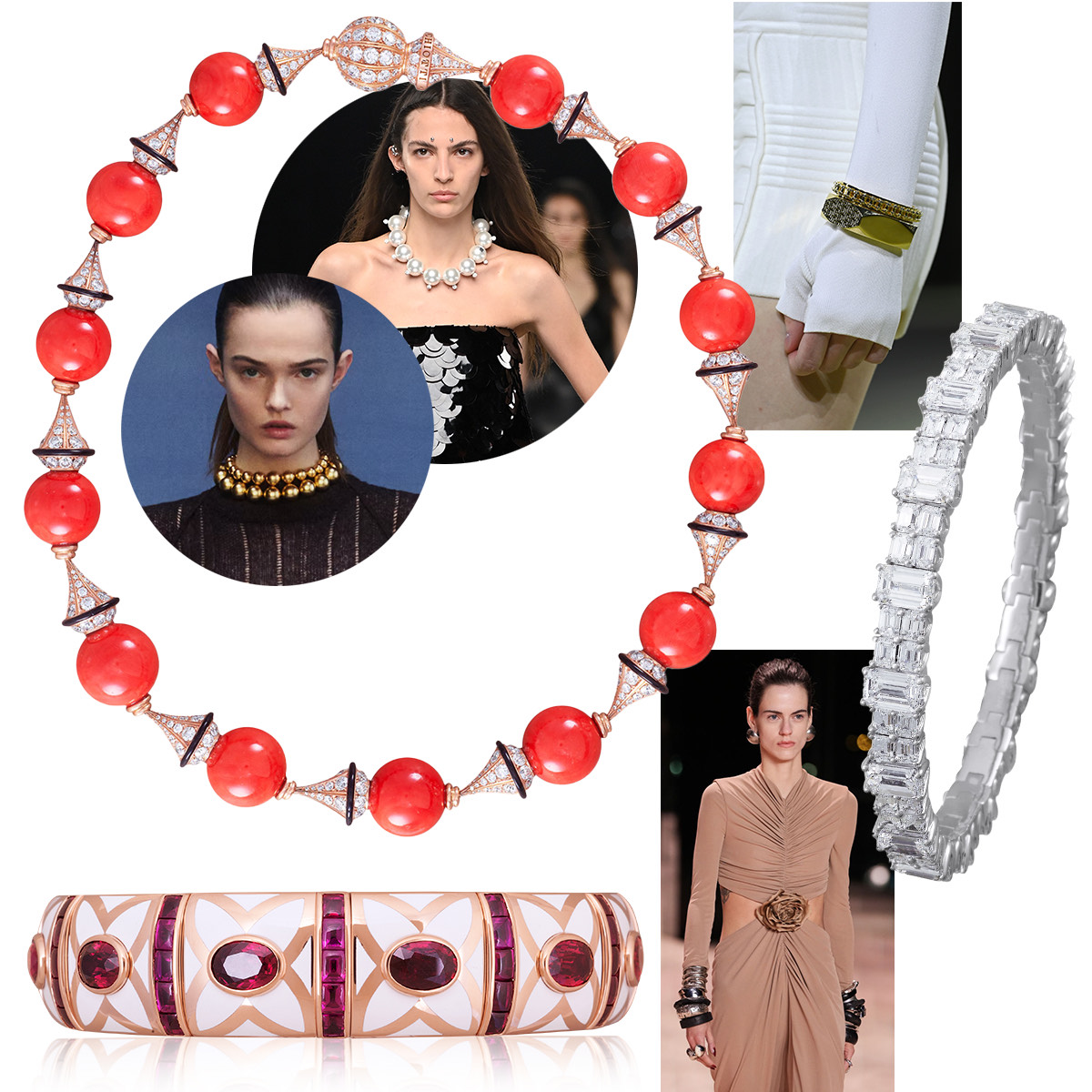 ICCHIOTTI Xpandable Emerald Cut Lover Diamond Tennis Bracelet, Saint Laurent F/W ‘22, Gem Ceramic bracelet in Rose Gold with Oval Rubies and White Ceramic, Essentially Color necklace with Art Deco elements in Rose Gold with Sardinian Coral, White Diamonds, and Black Onyx, Jonathan Simkhai F/W ‘22, Givenchy F/W ‘22