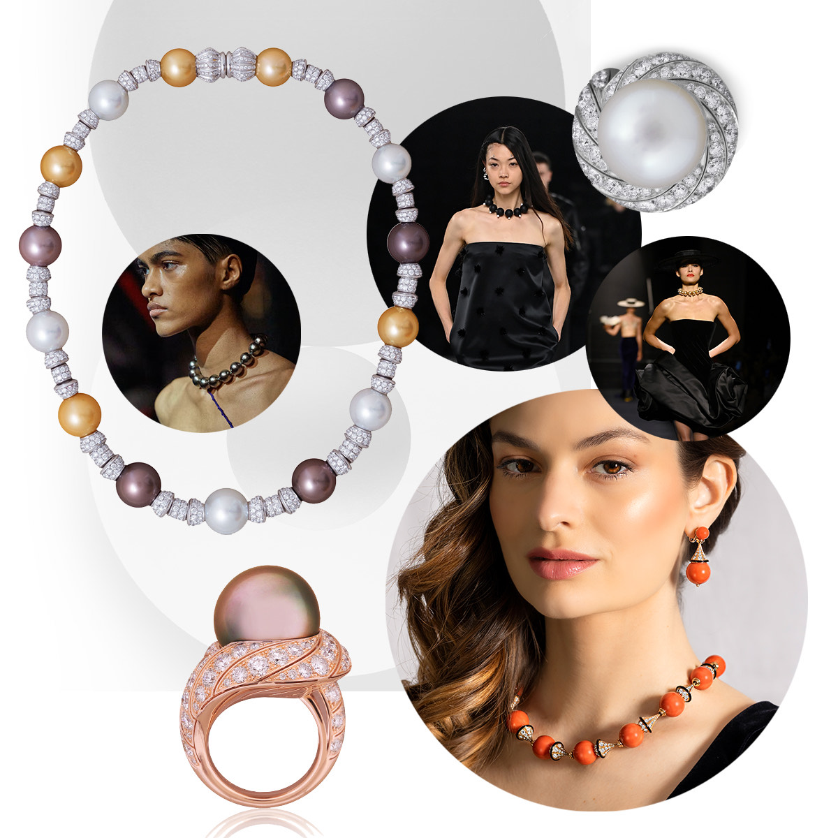 Givenchy F/W ‘22, PICCHIOTTI South Sea Pearl and Diamond Ring, Schiaparelli F/W ‘22, model wearing PICCHIOTTI Essentially Color Coral, Diamond and Onyx Necklace and Earrings, PICCHIOTTI Essentially Color Tahitian Pearl and Diamond Ring, PICCHIOTTI Diamond and Pearl Necklace, Tory Burch F/W ‘22