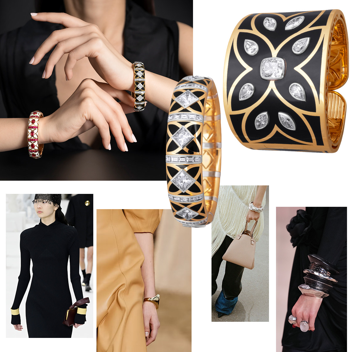 Model wearing PICCHIOTTI Gem Ceramic Bracelets, PICCHIOTTI Gem Ceramic Xpandable Bangle, PICCHIOTTI Gem Ceramic Cuff Bracelet, Saint Laurent F/W ’22, Loewe F/W ’22, Chloé F/W ’22, Jil Sander F/W ‘22