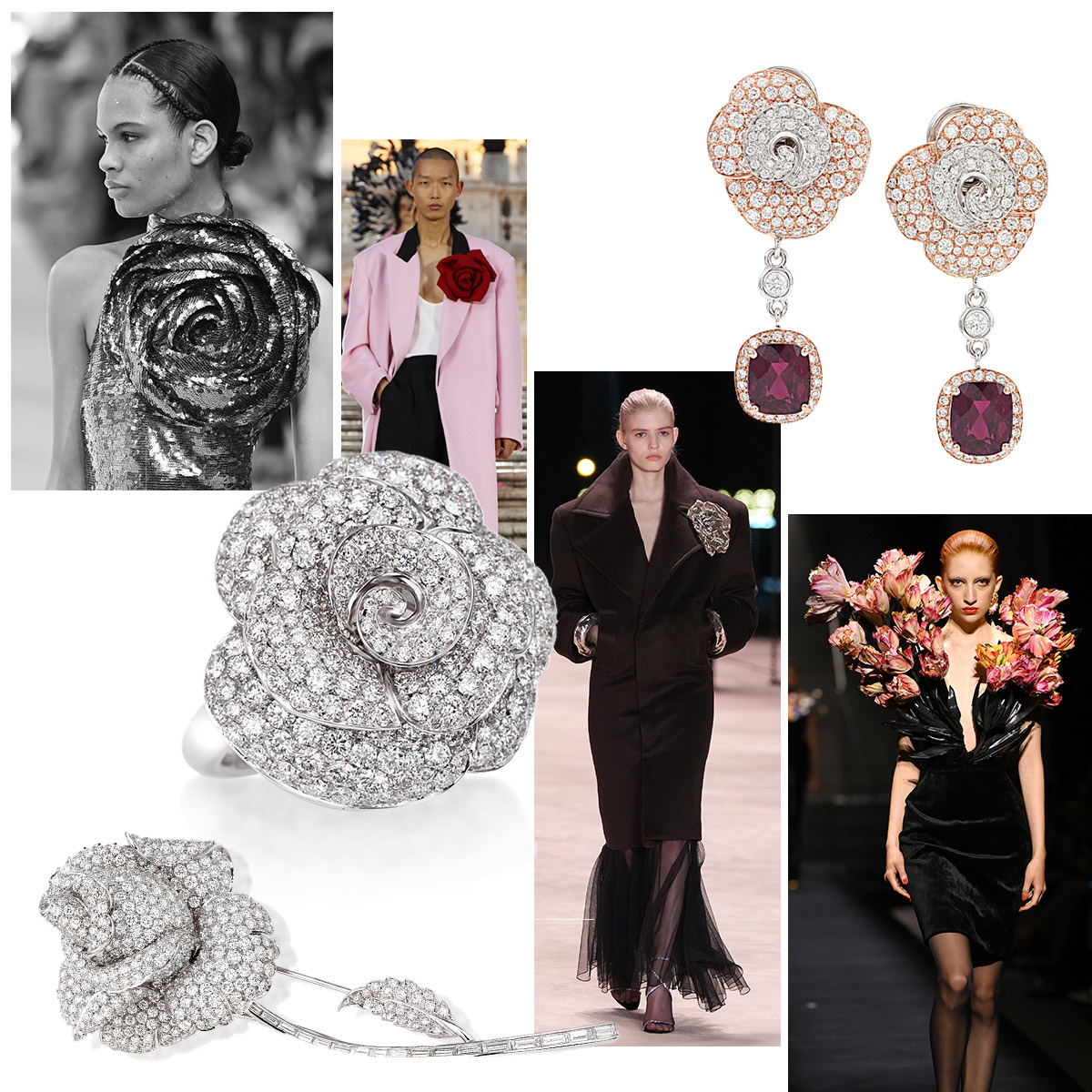 Elie Saab F/W ’22, Valentino Haute Couture F/W ’22, PICCHIOTTI Rose Collection earrings with ruby and diamond drops, Schiaparelli F/W ‘22, Saint Laurent F/W ’22, PICCHIOTTI Iconic Rose Brooch, PICCHIOTTI Rose Collection ring in white diamond 