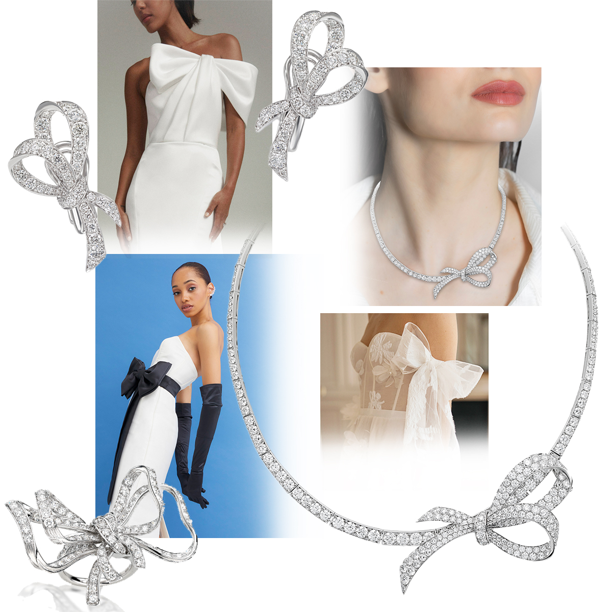 Clockwise from upper right – model wearing PICCHIOTTI Fiocco (Bow) necklace, Esien-Stein F/W2023, PICCHIOTTI Fiocco necklace, Scorcesa F/W 2023, PICCHIOTTI Fiocco ring, PICCHIOTTI Fiocco earrings, Amsale F/W 2023