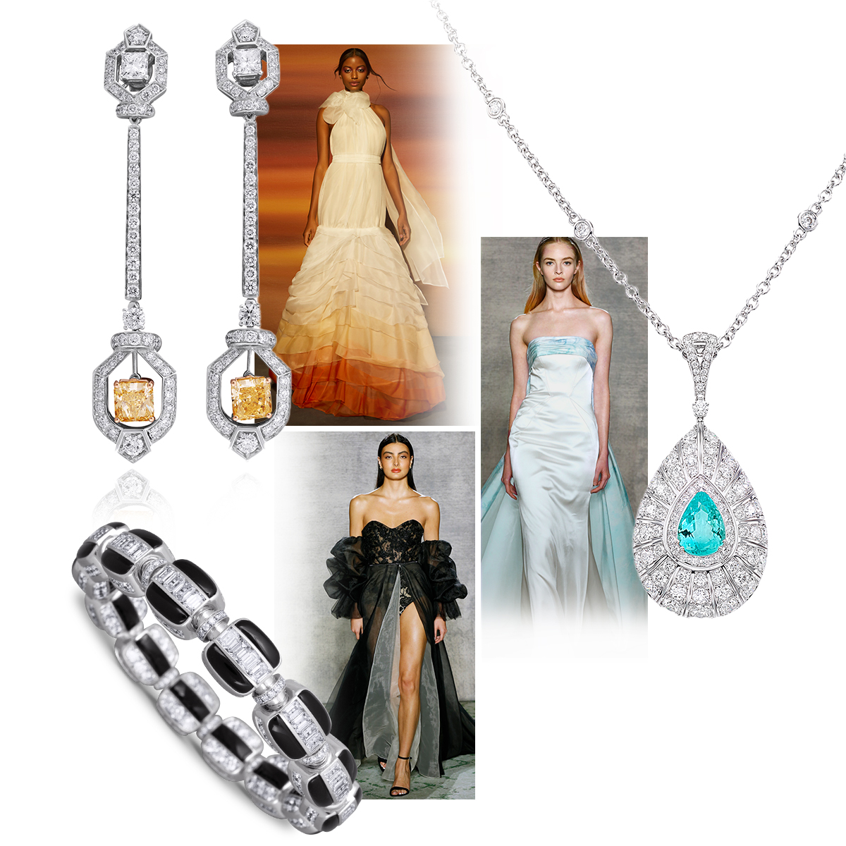 PICCHIOTTI jewelry collage with models. Clockwise from upper right – PICCHIOTTI Essentially Color Diamond and Paraiba Tourmaline pendant necklace, Madeline Gardner F/W 2023, Madeline Gardner F/W 2023, PICCHIOTTI Reversible Xpandable™ bracelet with white diamond and black onyx, PICCHIOTTI Chandelier Collection drop earrings, Nadia Manjarrez