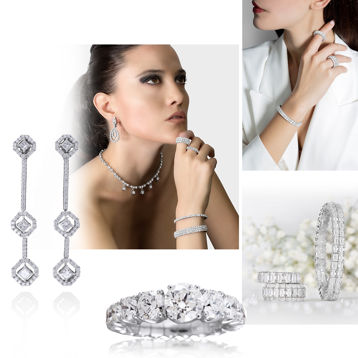 clockwise from upper right – Model wearing PICCHIOTTI Xpandable™ Bridal diamond bracelet and rings, PICCHIOTTI two row Xpandable Emerald Cut Lover bracelet, PICCHIOTTI Xpandable™ Emerald Cut Lover Rings, PICCHIOTTI Xpandable Bridal Ring with graduated round diamonds, PICCHIOTTI Diamond Drop earrings, Model wearing PICCHIOTTI Bridal Collection jewelry