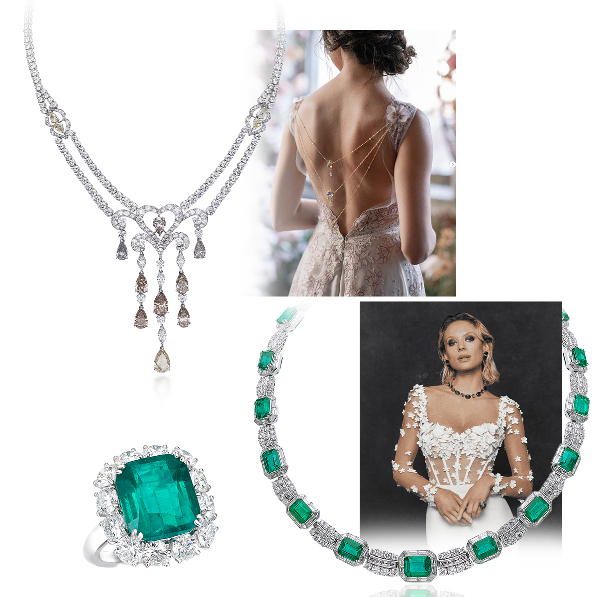 Clockwise from upper right – Claire Pettibone F/W 2023, Justin Alexander F/W 2023, PICCHIOTTI Fit for a Queen necklace, PICCHIOTTI Emerald engagement ring, PICCHIOTTI Chandelier necklace