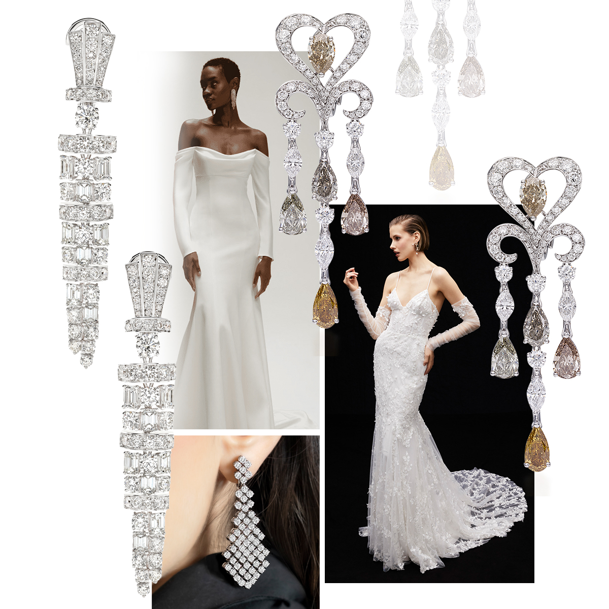 PICCHIOTTI jewelry collage with models. Clockwise from upper right – PICCHIOTTI Chandelier earrings, Alyne by Rita Vinieris F/W 2023, PICCHIOTTI Chandelier earrings, PICCHIOTTI Chandelier earrings, Jenny Yoo F/W 2023