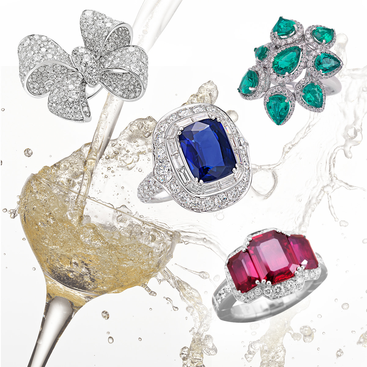 Clockwise from Upper Left – PICCHIOTTI Fiocco (Bow) Ring in White Diamonds, PICCHIOTTI Emerald Masterpieces Ring, PICCHIOTTI Xpandable Ruby cocktail ring, PICCHIOTTI Sapphire Masterpieces ring