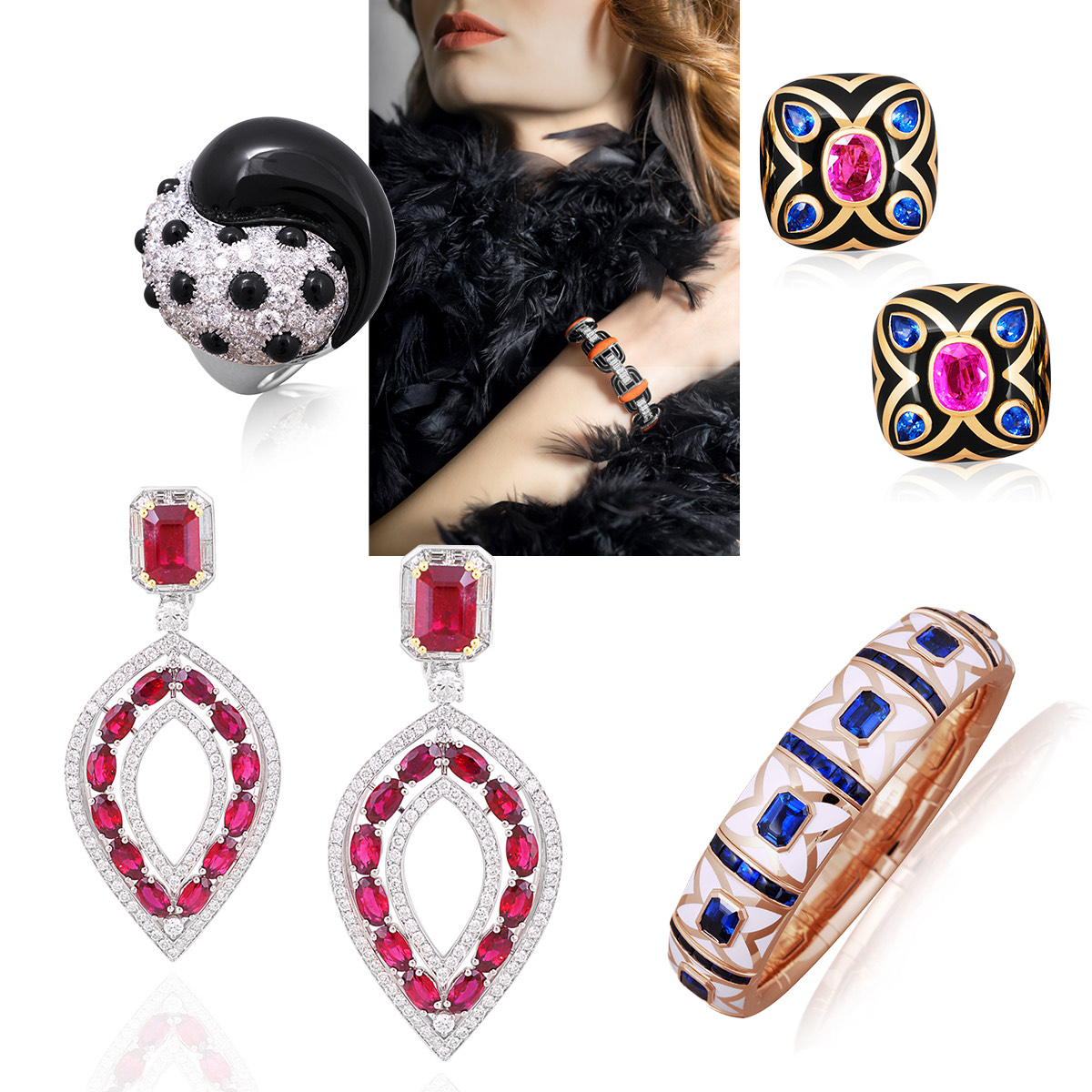 Clockwise from Upper Right – PICCHIOTTI Gem Ceramic Earrings, PICCHIOTTI Gem Ceramic Xpandable Bracelet, PICCHIOTTI Chandelier Ruby & Diamond Earrings, PICCHIOTTI Perfect Harmony ring in Black Onyx and Diamond, PICCHIOTTI Art Deco Gem Ceramic Bracelet