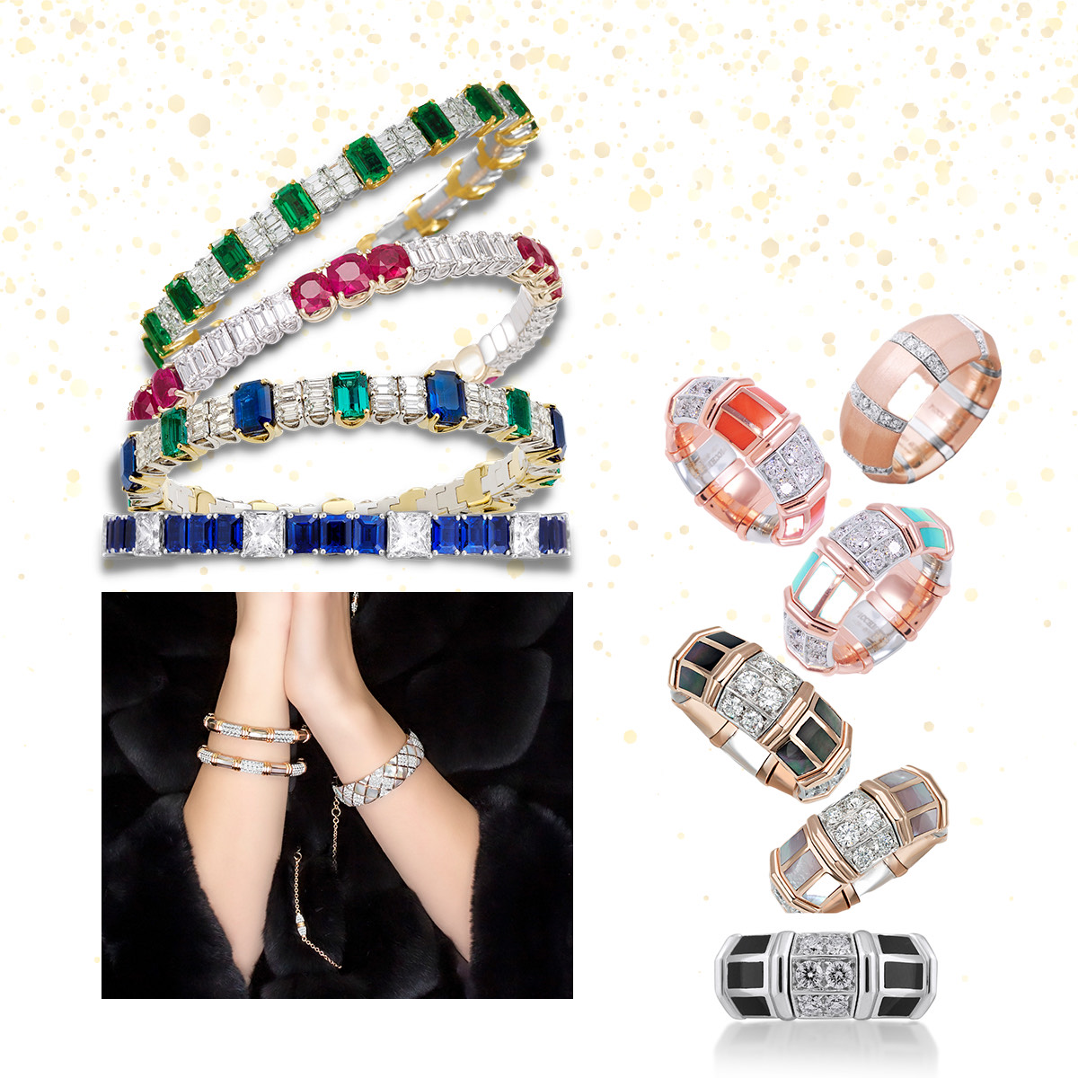 Clockwise from Right – Stack of Xpandable Fashion Gems Rings, Model wearing PICCHIOTTI Gold Accent Bracelets, PICCHIOTTI Xpandable For the Love of Color Bracelets