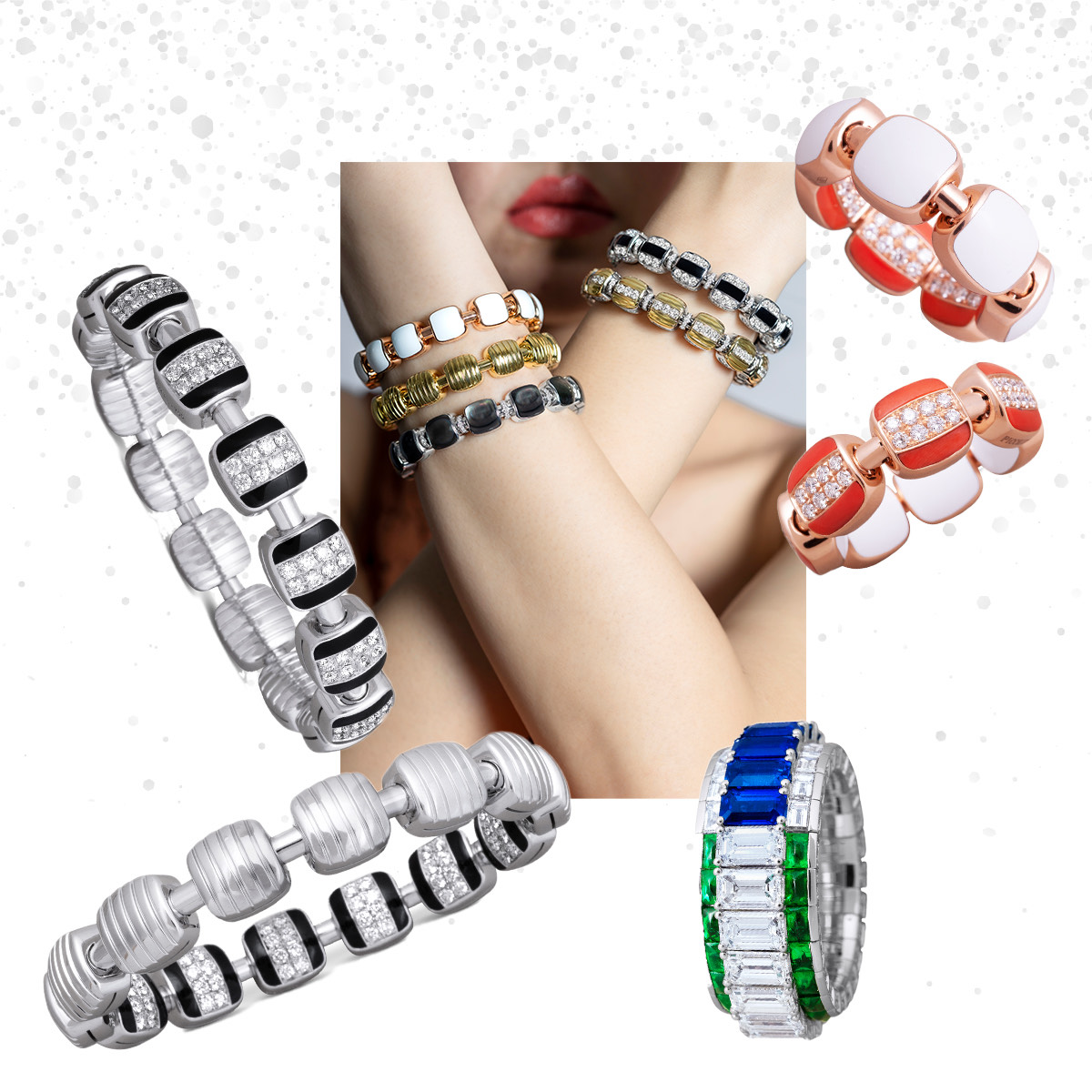Clockwise from Upper Right – PICCHIOTTI Xpandable Reversible Coral and White Ceramic rings, PICCHIOTTI Xpandable Double Facing ring, PICCHIOTTI Xpandable Reversible White Gold, Black Onyx, and Diamond bracelet, Model wearing various Xpandable Reversible bracelets