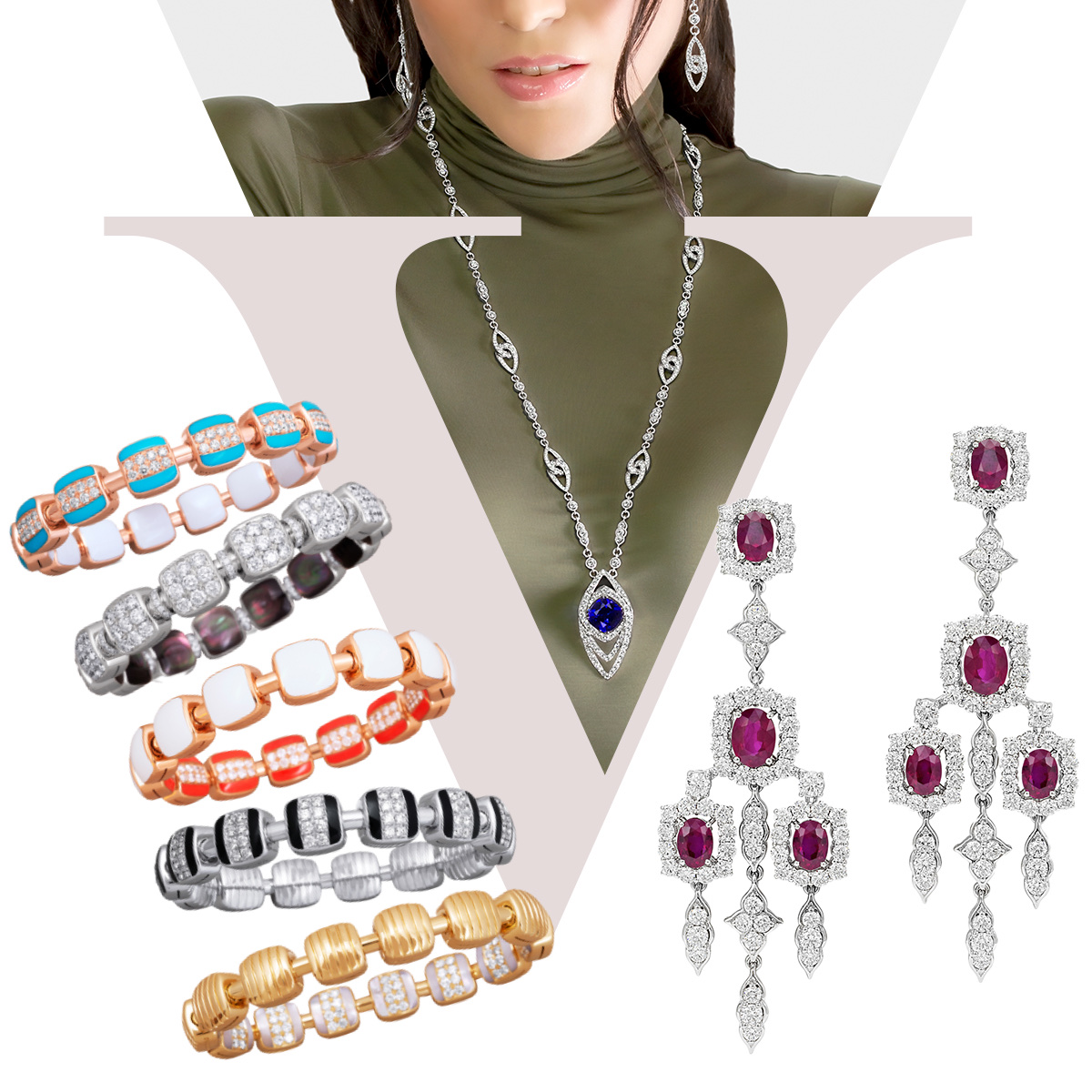 Model wearing PICCHIOTTI Easy Wear Diamond Drop Earrings and PICCHIOTTI Essentially Color Diamond and Tanzanite Pendant Necklace, PICCHIOTTI Ruby and Diamond Chandelier Earrings, PICCHIOTTI Reversible Xpandable Bracelets 