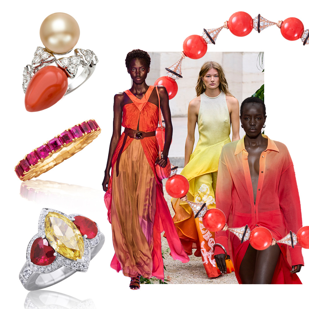 PICCHIOTTI Essentially Color Coral, Golden South Sea Pearl and Diamond ring, Alberta Ferretti Spring/Summer 2023 (Go Runway), PICCHIOTTI Essentially Color Coral, Onyx, and Diamond necklace, Zimmerman Spring/Summer 2023 (Go Runway), Ferragamo Spring/Summer 2023 (Go Runway), PICCHIOTTI Xpandable Ruby and Fancy Yellow Diamond cocktail ring, Xpandable For the Love of Color ruby ring – available exclusively at Neiman Marcus