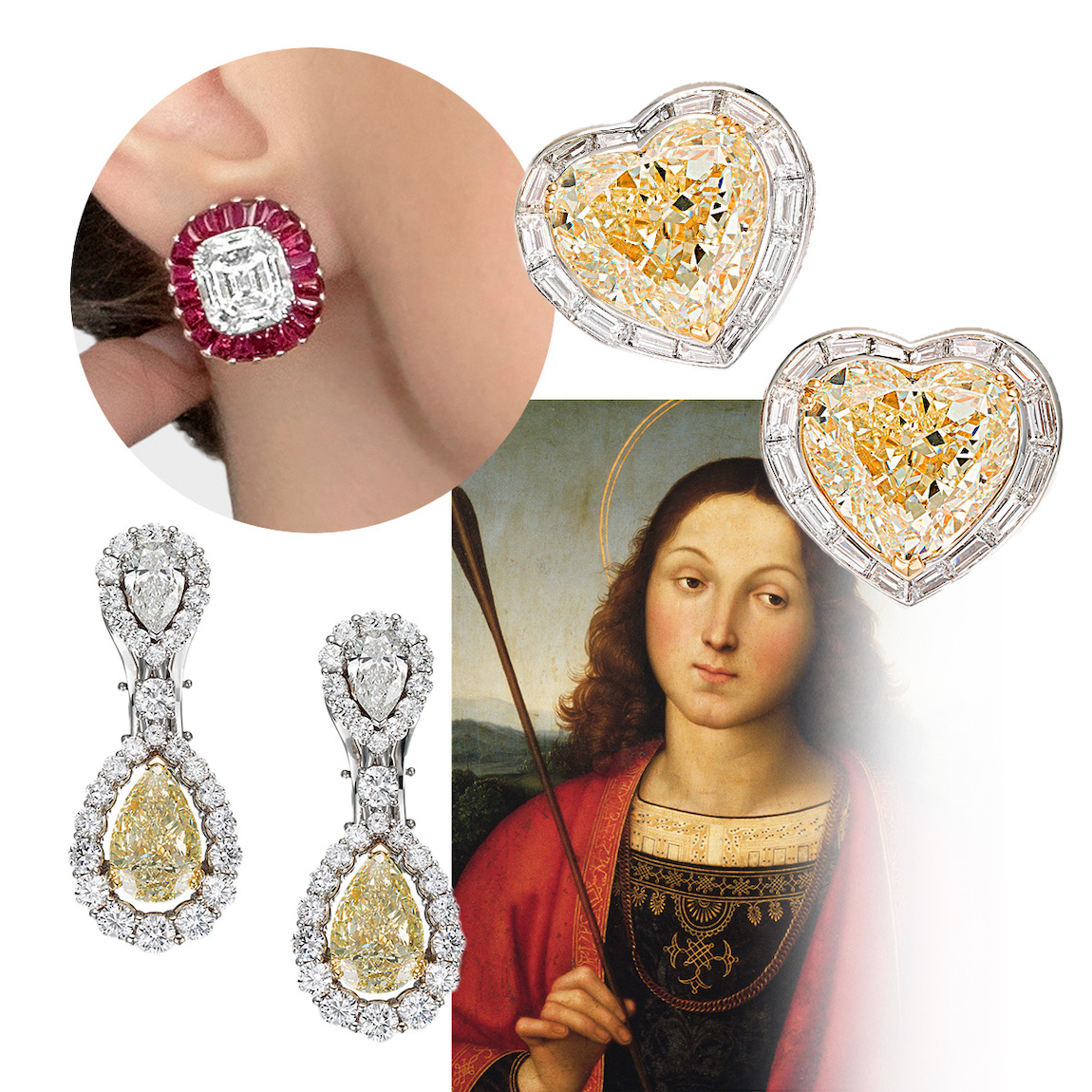 PICCHIOTTI Masterpieces Diamond heart earrings, Yellow and White Diamond Masterpieces earrings, Masterpieces Diamond & Ruby earrings