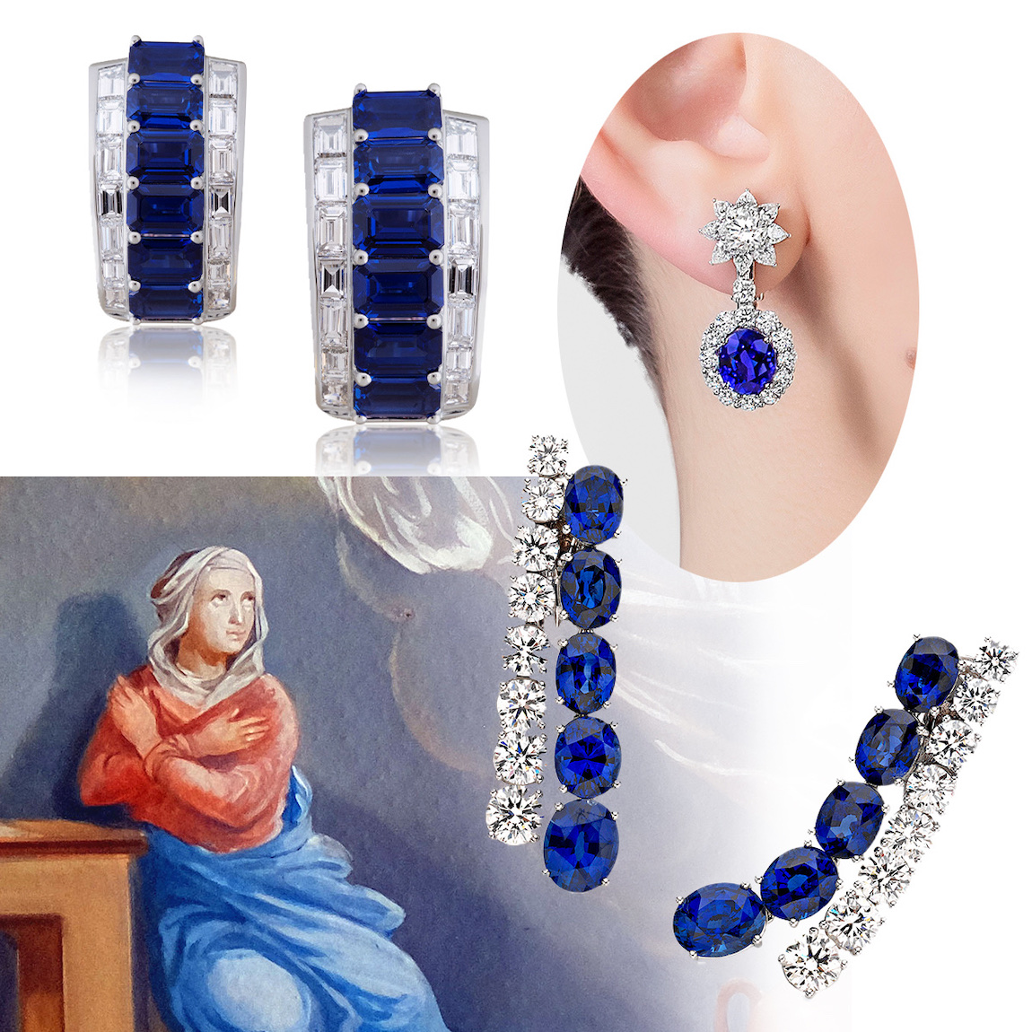 PICCHIOTTI Masterpieces Sapphire floral drop earring, Masterpieces Sapphire and Diamond linear earrings, PICCHIOTTI Masterpieces Sapphire and Baguette Diamond earrings