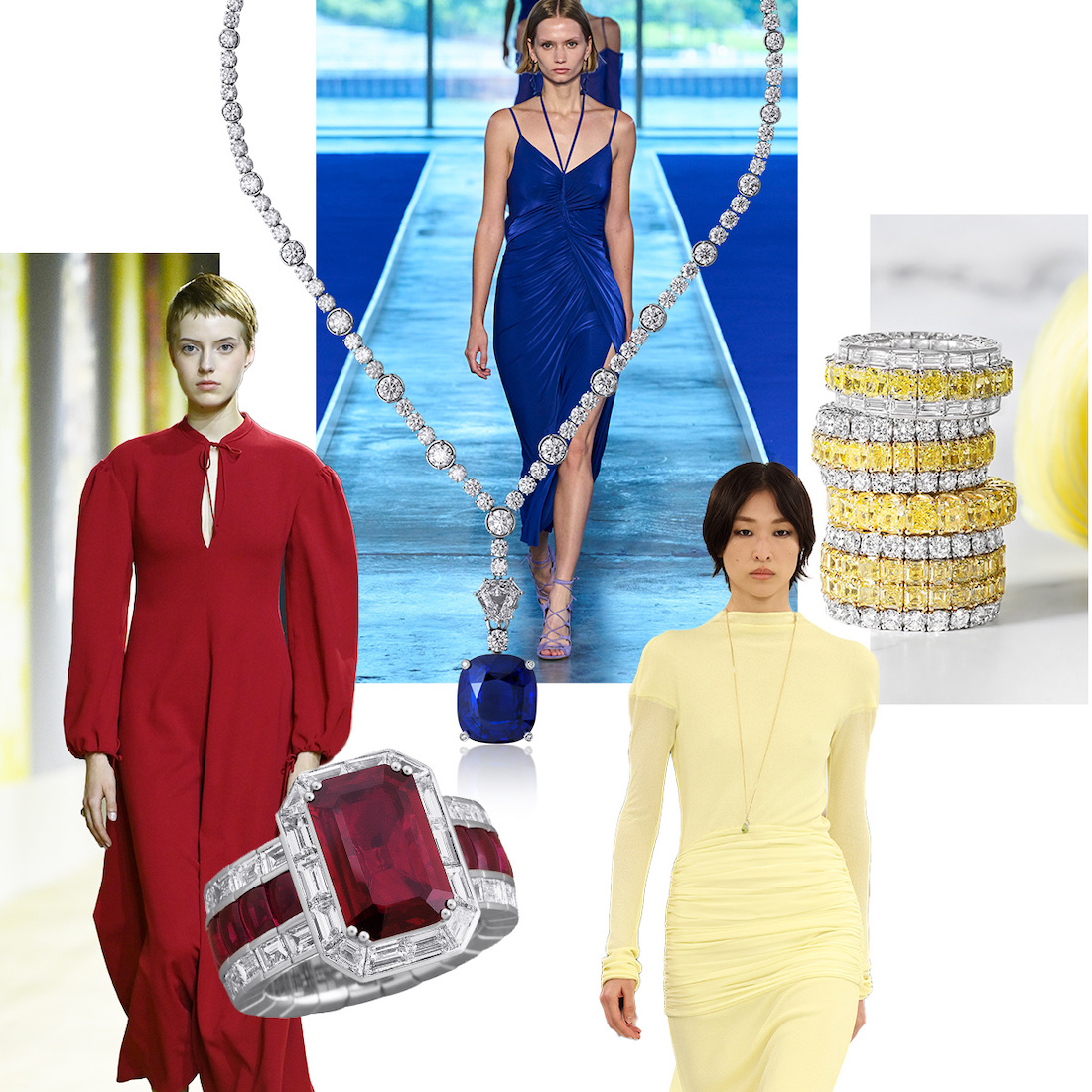 Christian Dior F/W 2022-23, PICCHIOTTI Xpandable Ruby cocktail ring, PICCHIOTTI Masterpieces Sapphire & Diamond necklace, Jason Wu S/S 2023, Givenchy F/W 2023-24, PICCHIOTTI Xpandable Fancy Yellow Diamond rings