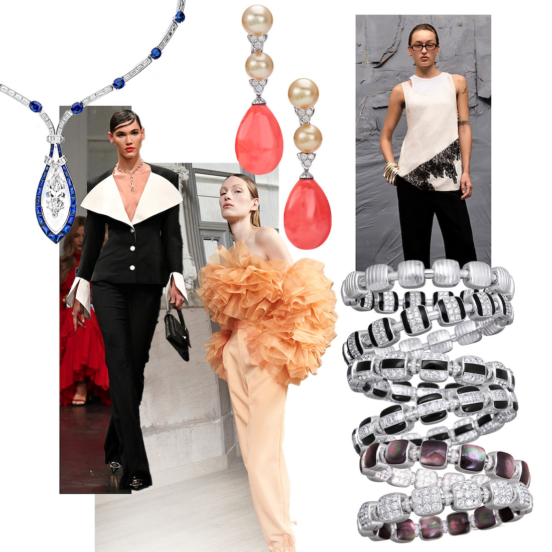 Clockwise from upper left – 3.1 Phillip Lim S/S 2023, PICCHIOTTI Reversible Xpandable bracelets, La Pointe S/S 2023, Christian Siriano S/S 2023, PICCHIOTTI Sapphire & Diamond pendant necklace (can we hyperlink this somewhere?), PICCHIOTTI Essentially Color Coral and Golden South Sea Pearl earrings