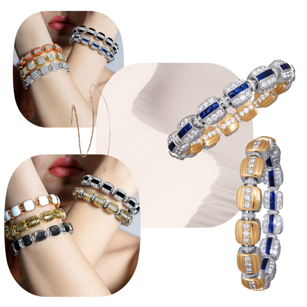 PICCHIOTTI Xpandable Reversible bracelet featuring gold and diamonds on one side and sapphires and diamonds on the flip side, model wearing stacks of Xpandable Reversible bracelets – note: both model images show the same bracelets, featuring both sides in the same order top to bottom.