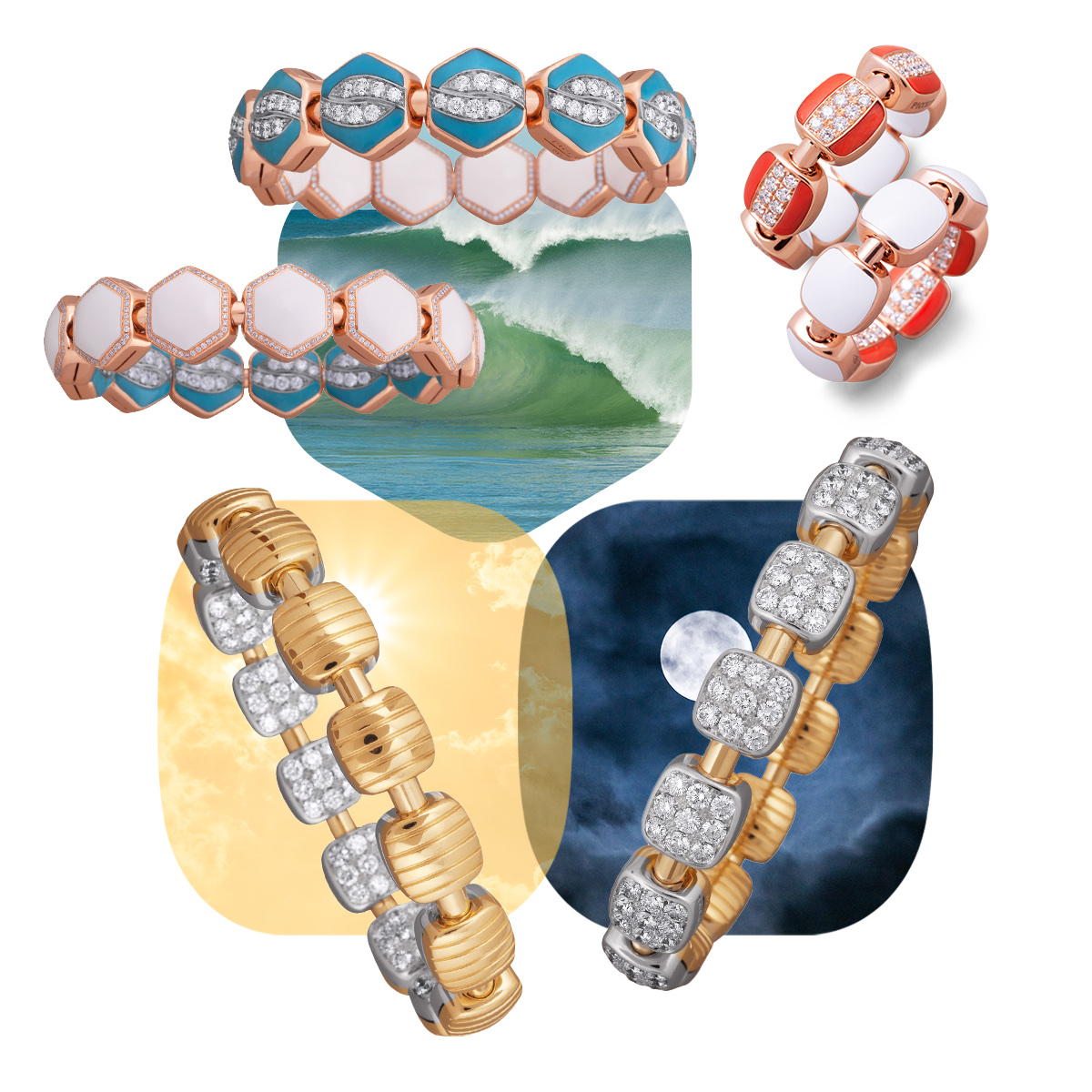 PICCHIOTTI Xpandable Reversible ring with coral and diamonds on one side and white gem ceramic on the other side, PICCHIOTTI Xpandable Reversible bracelet featuring white diamonds on one side and 18K gold on the other side, PICCHIOTTI Xpandable Reversible bracelet featuring white gem ceramic on one side and turquoise and diamonds on the other side