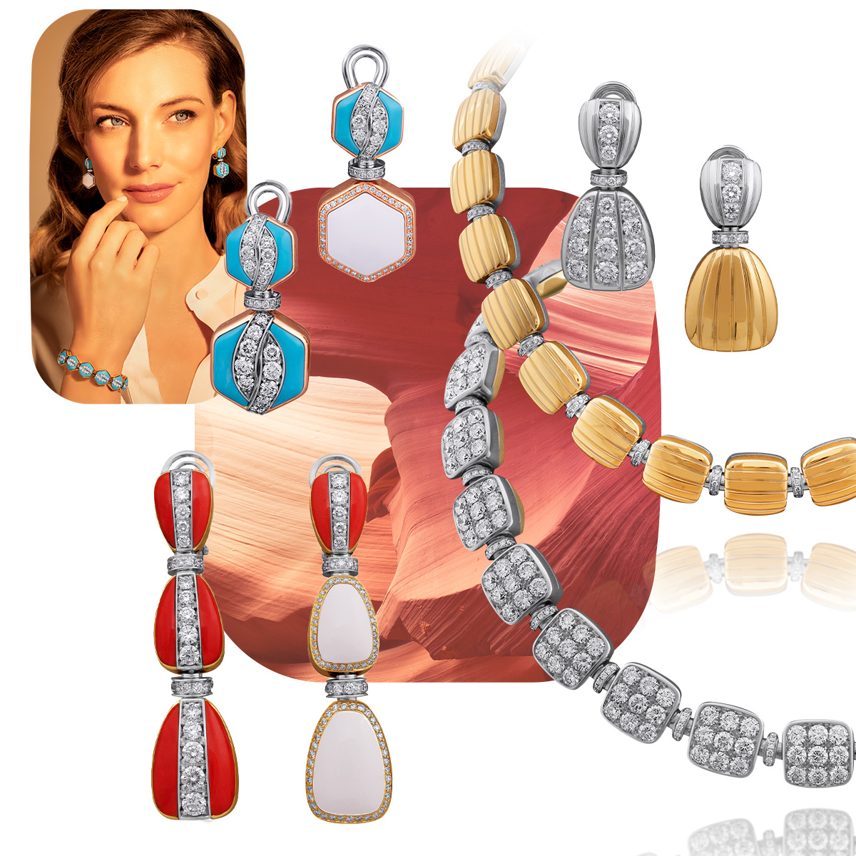 PICCHIOTTI Xpandable Reversible earrings featuring all white diamonds on one side and an all 18K gold side on the reversible drop, PICCHIOTTI Xpandable Reversible necklace featuring all 18K gold on one side and all white diamonds on the other, PICCHIOTTI Xpandable Reversible earrings featuring coral and diamonds with two drop sections that flip to white gem ceramic, model wearing PICCHIOTTI Xpandable Reversible turquoise/white gem ceramic bracelet and earrings, PICCHIOTTI Xpandable Reversible earrings featuring turquoise and diamonds and white gem ceramic on the other side of the drop