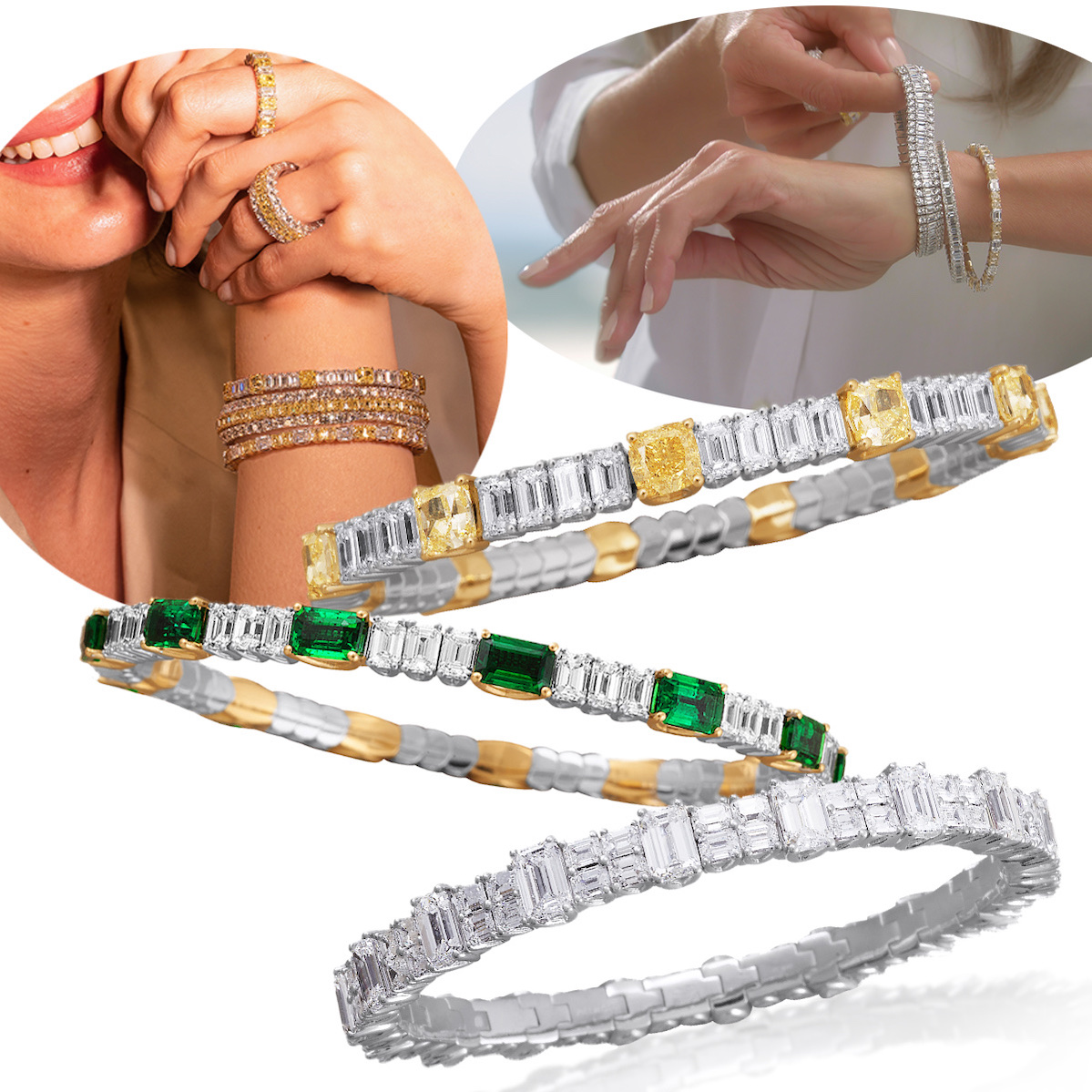 model wearing PICCHIOTTI Xpandable stackable diamond tennis bracelets, PICCHIOTTI Xpandable fancy yellow diamond and emerald cut diamond tennis bracelet, PICCHIOTTI Xpandable emerald and diamond tennis bracelet, PICCHIOTTI Emerald Cut Lover diamond tennis bracelet, model wearing a stack of PICCHIOTTI Xpandable bracelets