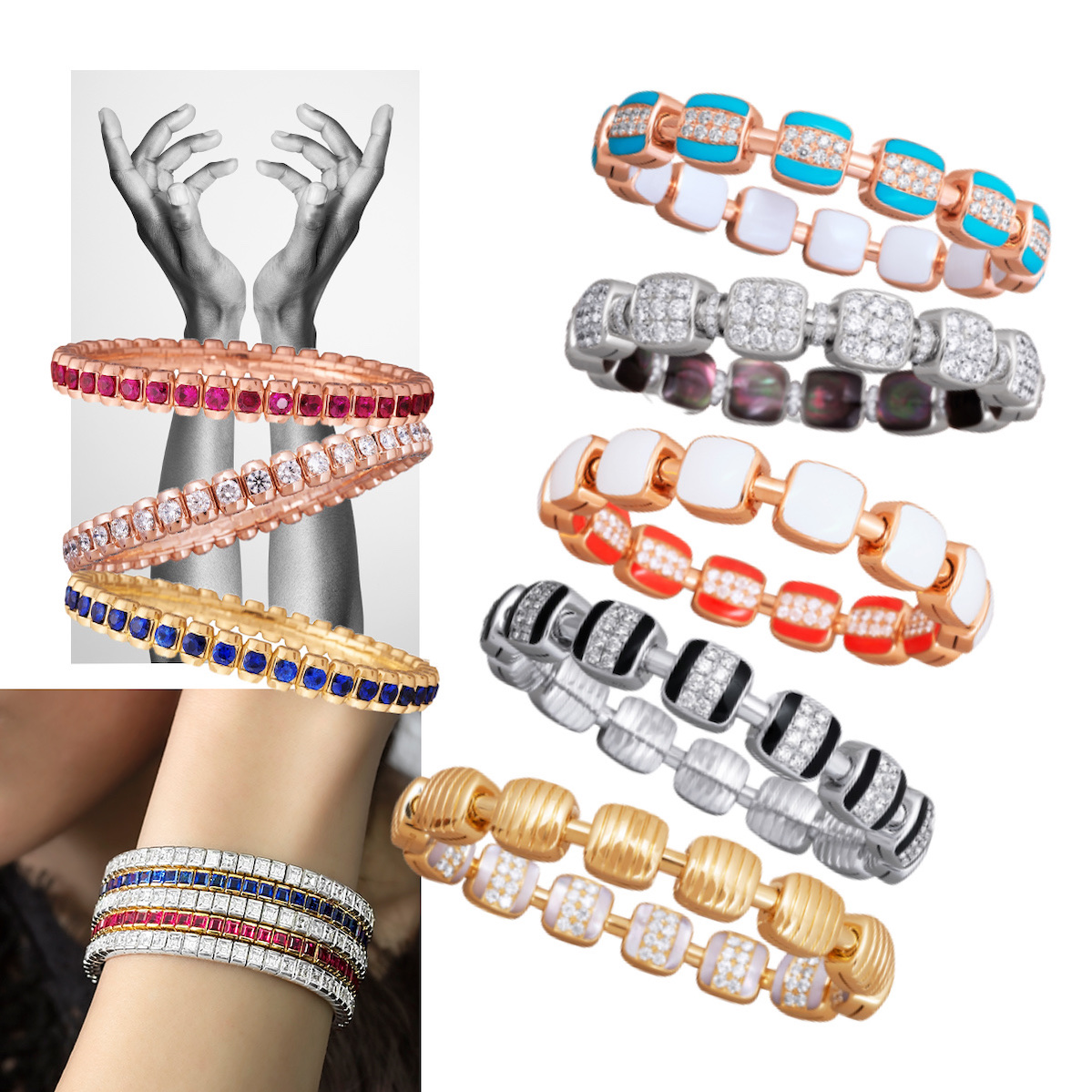 PICCHIOTTI Bullet Bracelets in Ruby, Diamond, and Sapphire, PICCHIOTTI Reversible Xpandable bracelets, model wearing PICCHIOTTI Xpandable Emerald Cut Lover bracelets in white diamonds, rubies, and sapphires