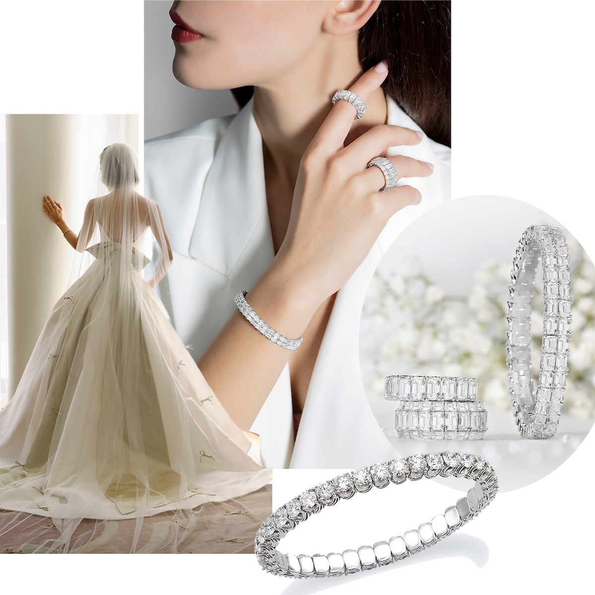 model wearing PICCHIOTTI Xpandable bridal collection rings and bracelet, PICCHIOTTI Xpandable Emerald Cut Lover Bracelet and Rings, PICCHIOTTI round diamond bridal bracelet, @markingramatelier Spring 2024 Bridal