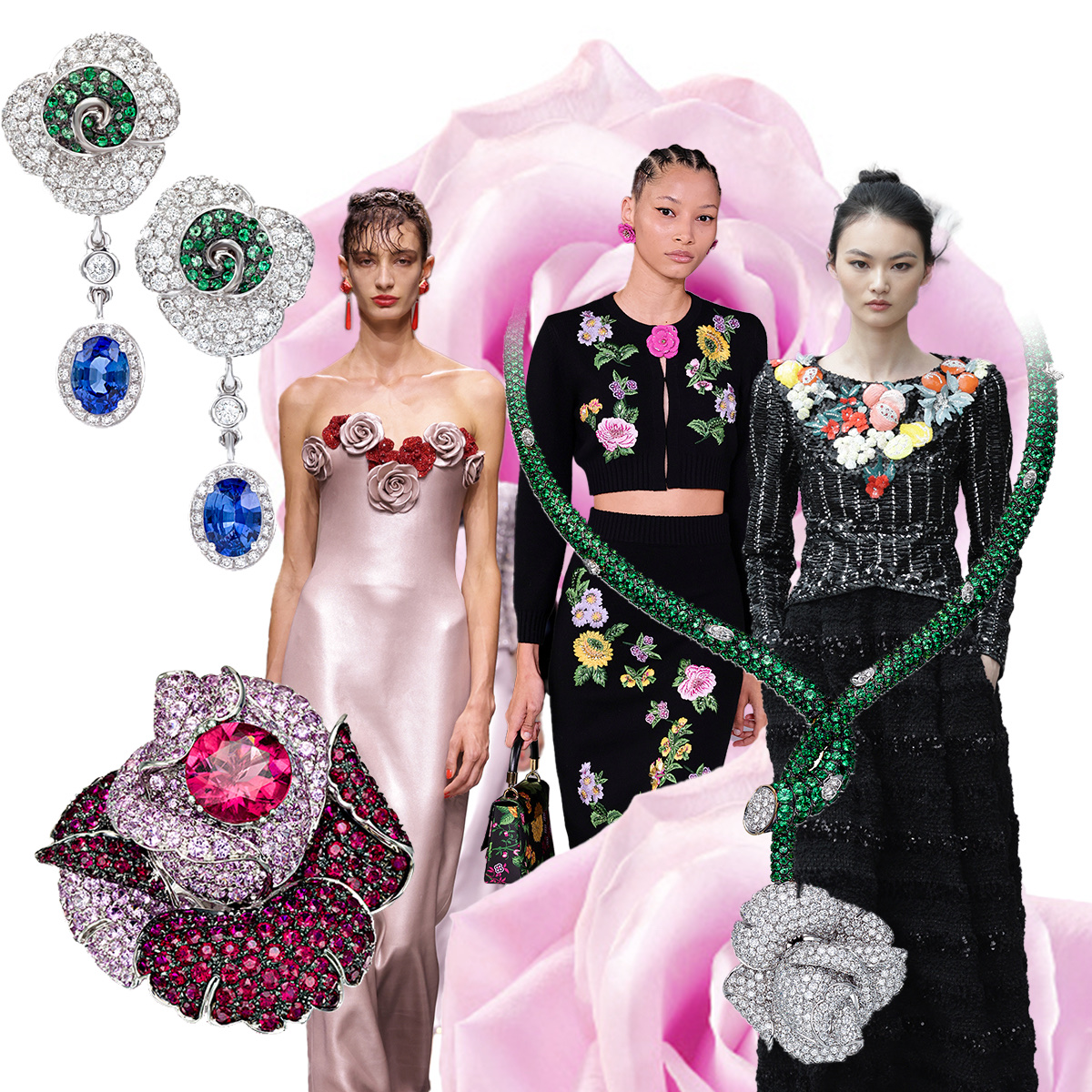 PICCHIOTTI Rose Garden earrings in diamond, sapphire, and tsavorite, Giorgio Armani Privé F/W 2023-24 (Getty), Carolina Herrera F/W 2023-24 (Getty), Chanel F/W 2023-24 (Getty), PICCHIOTTI Rose Garden necklace