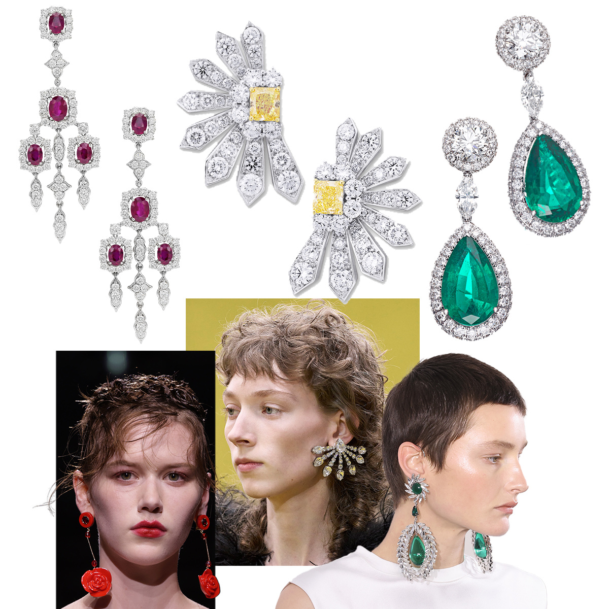 PICCHIOTTI Chandelier Ruby earrings, PICCHIOTTI Fan earrings, PICCHIOTTI Masterpieces Emerald earrings, Giambattista Valli F/W 2023-24 (Getty), Gucci F/W 2023-23 (Spotlight Launchmetrics), Giorgio Armani Privé F/W 2023-24 (Getty)