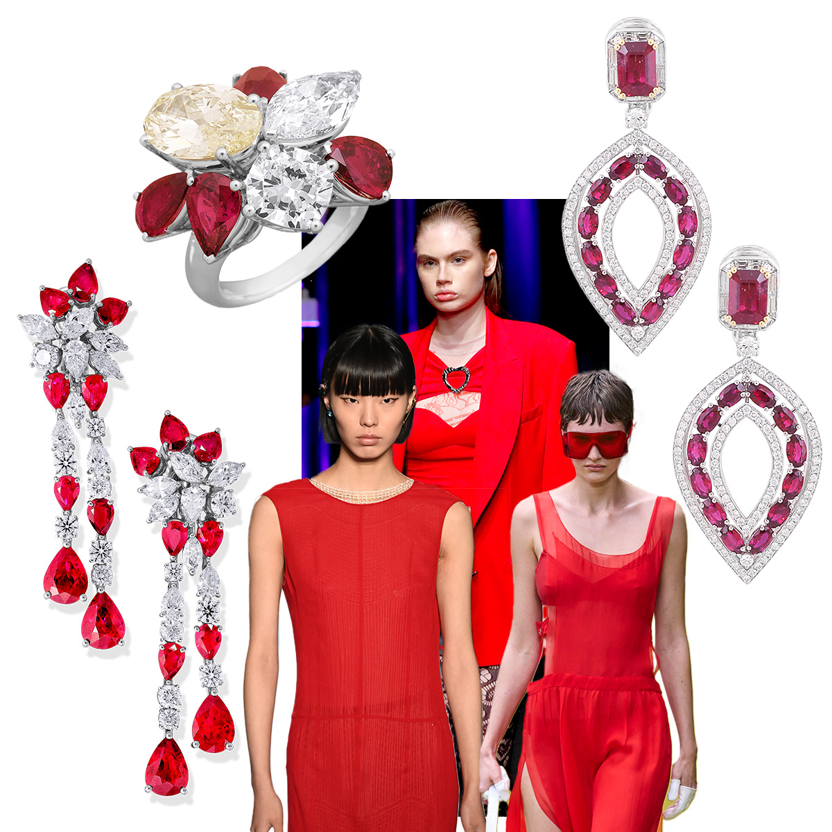 PICCHIOTTI Masterpieces Ruby and Diamond ring, Marco Rambaldi F/W 2023-24 (Spotlight Launchmetrics), PICCHIOTTI Ruby Chandelier earrings, Gucci F/W 2023-24 (Spotlight Launchmetrics), Tory Burch F/W 2023-24 (Spotlight Launchmetrics), PICCHIOTTI Masterpieces Ruby and Diamond floral earrings