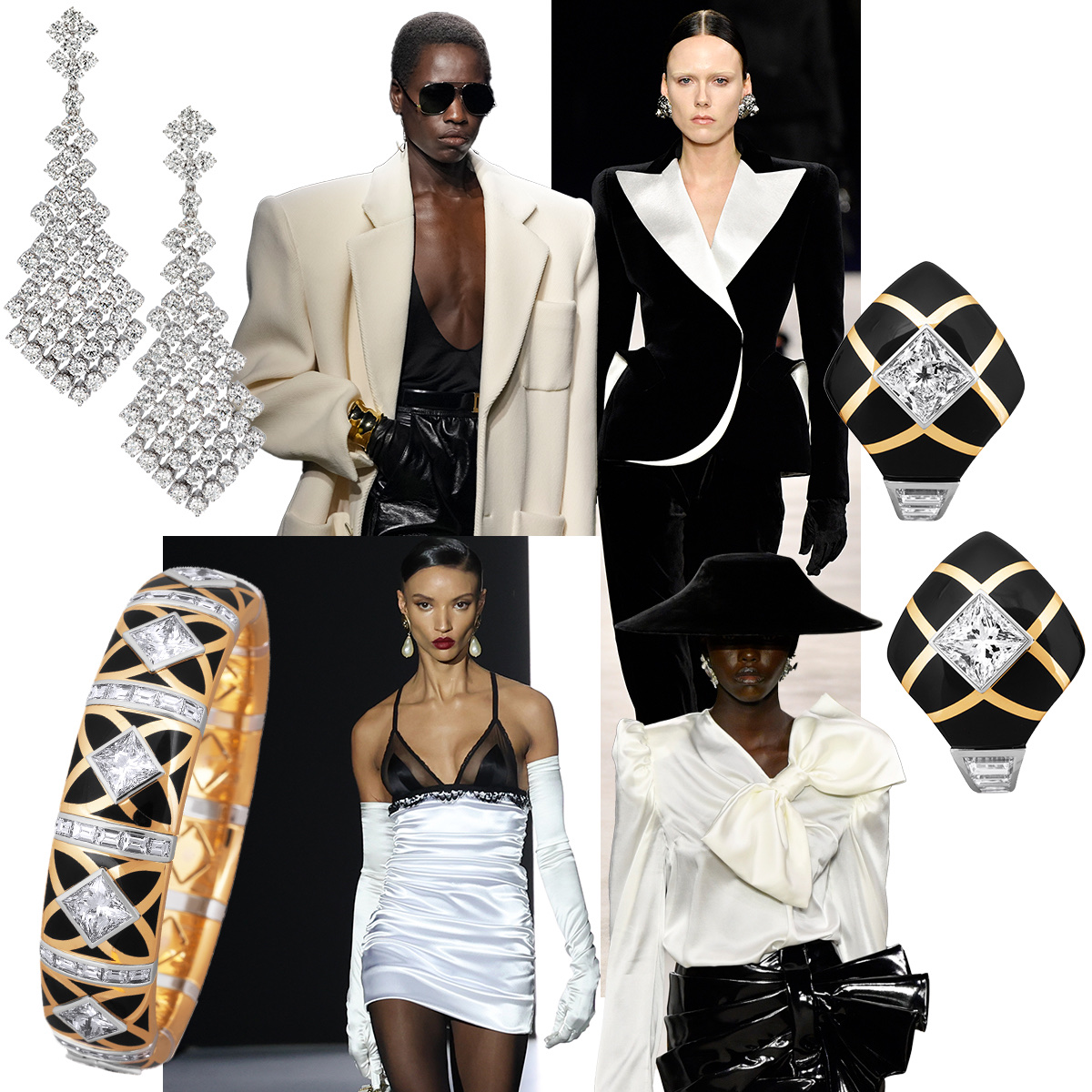 PICCHIOTTI Chandelier earrings, Saint Laurent F/W 2023-24 (Getty), Balmain F/W 2023-24 (Getty), PICCHIOTTI Gem Ceramic button earrings, Balmain F/W 2023-24 (Getty), Balmain F/W 2023-24 (Getty), Dolce & Gabbana F/W 2023-24 (Getty), PICCHIOTTI Gem Ceramic Xpandable bracelet