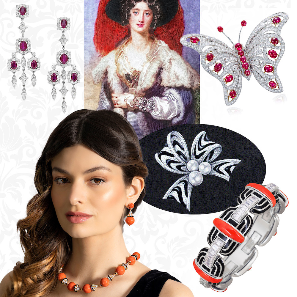 PICCHIOTTI butterfly brooch in white diamonds and rubies, design sketch of a PICCHIOTTI bow brooch with diamonds, onyx, and pearls, PICCHIOTTI Gem Ceramic Art Deco bracelet, model wearing the Essentially Color Coral necklace and matching earrings, PICCHIOTTI Chandelier diamond and ruby earrings, Portrait of Julia Floyd by Sir Thomas Lawrence