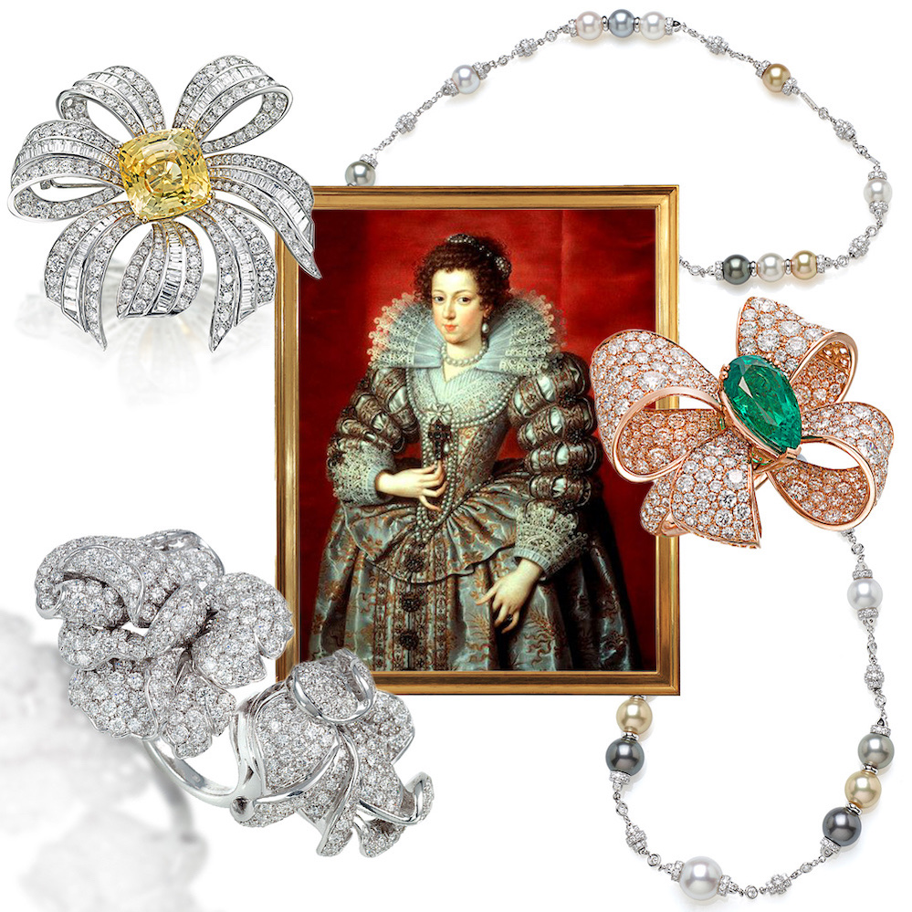 PICCHIOTTI Bow brooch with center fancy yellow diamond, PICCHIOTTI long necklace with multi-color pearls and diamonds, PICCHIOTTI Fiocco (Bow) ring in rose gold, diamond, and emerald, PICCHIOTTI Rose Garden diamond floral bracelet, Ana of Austria by Frans the Younger 1616, The Netherlands (Getty) 