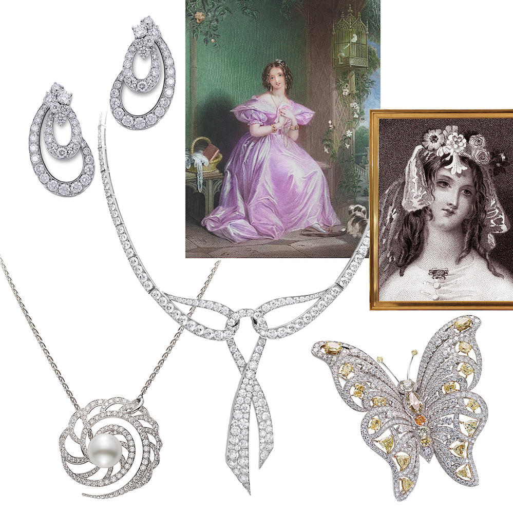 PICCHIOTTI swirl diamond earrings, engraved illustration of “The Proposal” by E. T. Parris (Getty), Francesca Foscari by Joseph Kenny Meadows (Getty), PICCHIOTTI Butterfly brooch (Pinterest link), PICCHIOTTI Fiocco collection ribbon necklace, PICCHIOTTI swirl and pearl pendant necklace 
