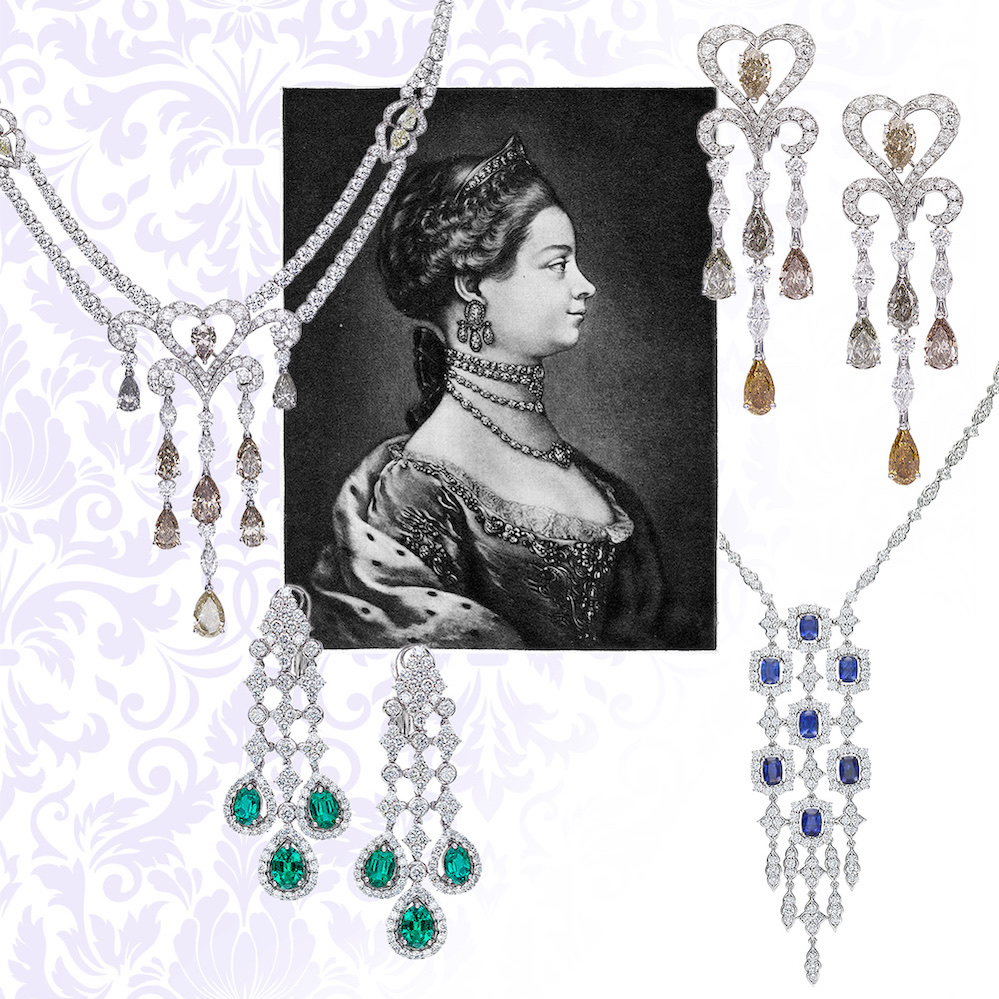 PICCHIOTTI Chandelier necklace in white and yellow diamonds, Portrait of Queen Charlotte (Getty), PICCHIOTTI Chandelier earrings in yellow and white diamonds, PICCHIOTTI Chandelier necklace in diamonds and sapphires, PICCHIOTTI Chandelier earrings in diamonds and emeralds 