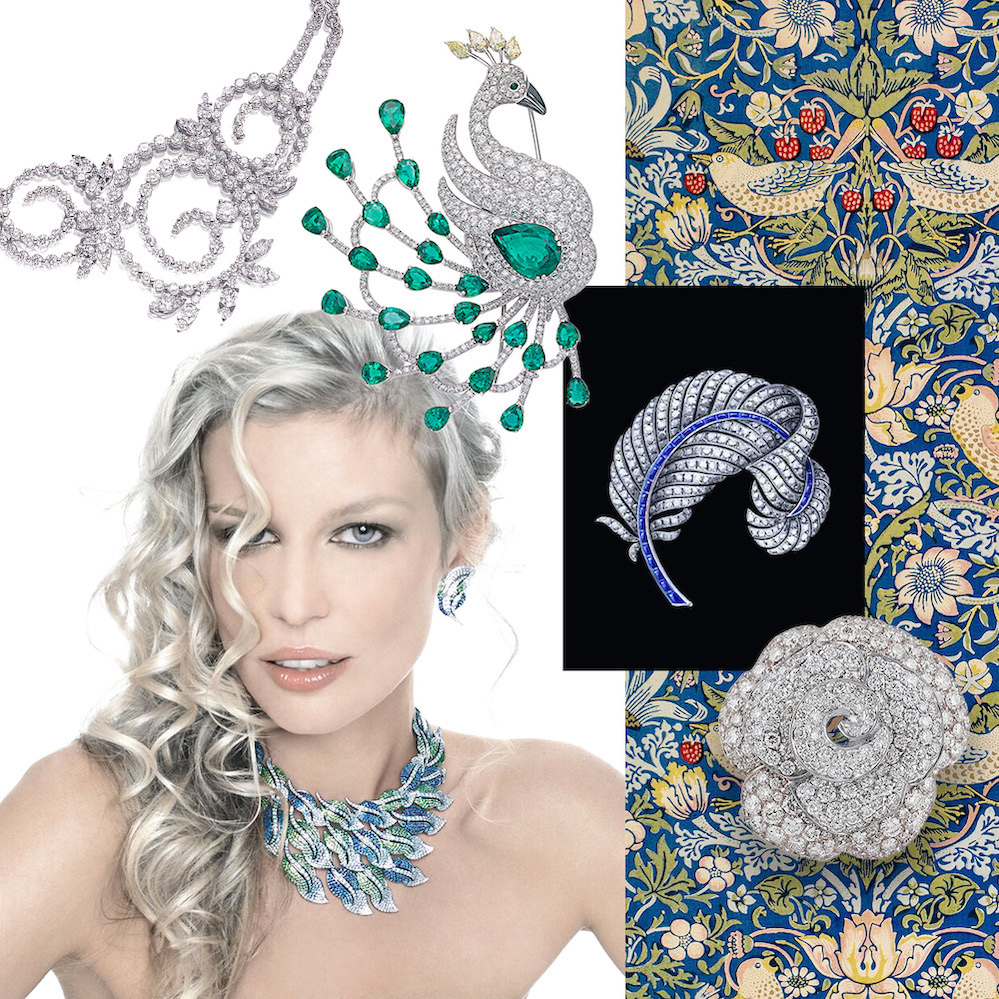 The Curls necklace by PICCHIOTTI, PICCHIOTTI Masterpieces emerald peacock brooch, Art Nouveau pattern by William Morris (Getty), PICCHIOTTI feather brooch in sapphires and diamonds, PICCHIOTTI Rose Garden diamond ring, model wearing PICCHIOTTI Leaves necklace and earrings 