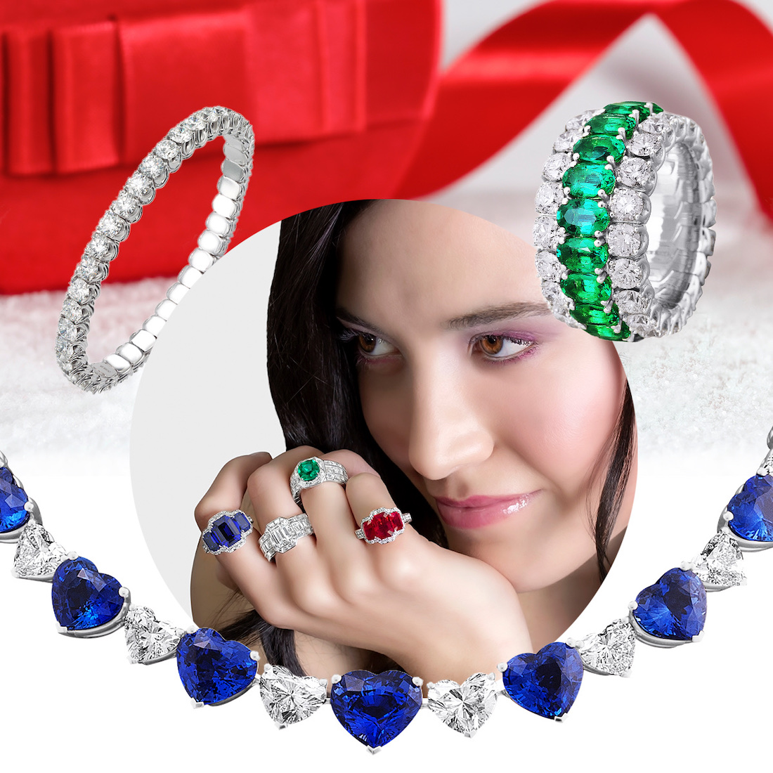 Xpandable For the Love of Color emerald and diamond ring, PICCHIOTTI Masterpieces Sapphire and Diamond Heart necklace, PICCHIOTTI Xpandable diamond tennis bracelet, Model wearing various Xpandable cocktail rings