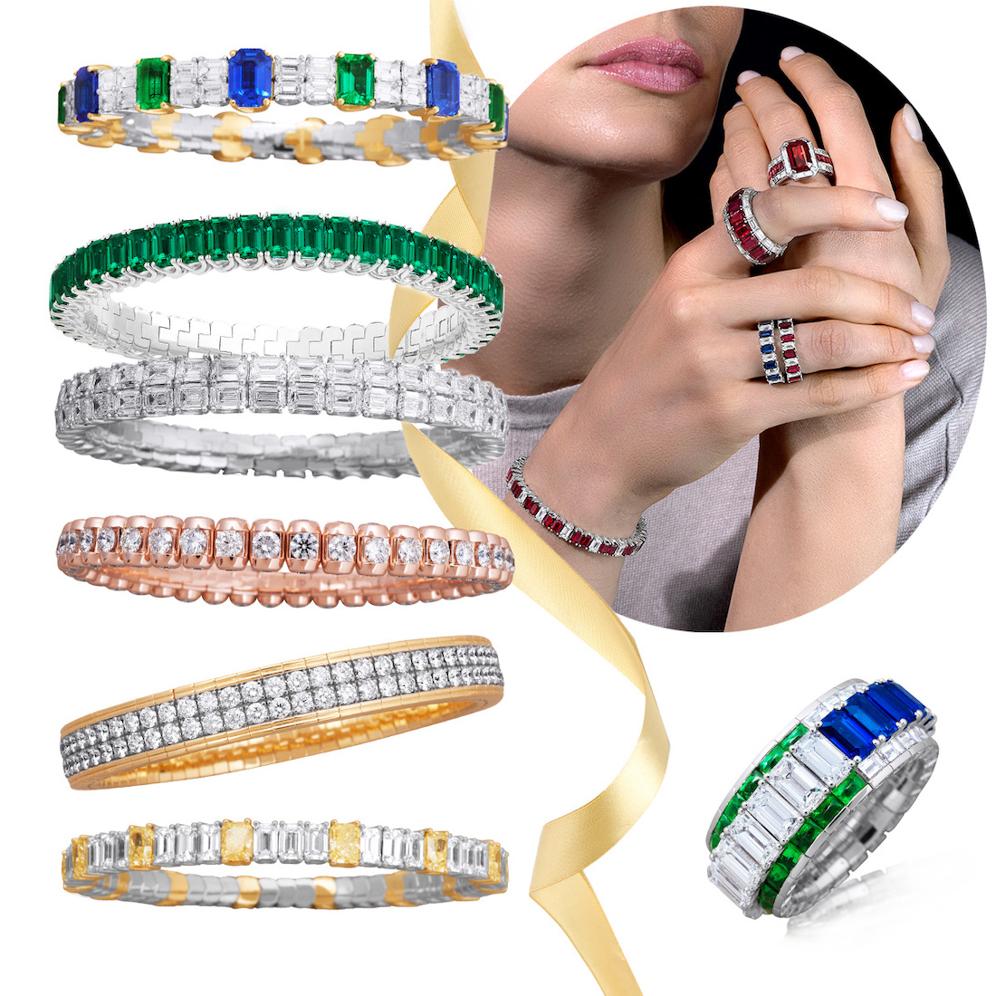 Xpandable For the Love of Color rings and a ruby and diamond bracelet, PICCHIOTTI Xpandable double sided ring, Stack of PICCHIOTTI Xpandable bracelets – top to bottom Xpandable For the Love of Color emerald, sapphire, and diamond bracelet, Xpandable emerald bracelet, Xpandable Emerald-Cut Lover diamond bracelet, Xpandable Bullet bracelet in rose gold and diamond, Xpandable Gold Accent bracelet, Xpandable Fancy Yellow Diamond and Emerald-Cut Diamond bracelet