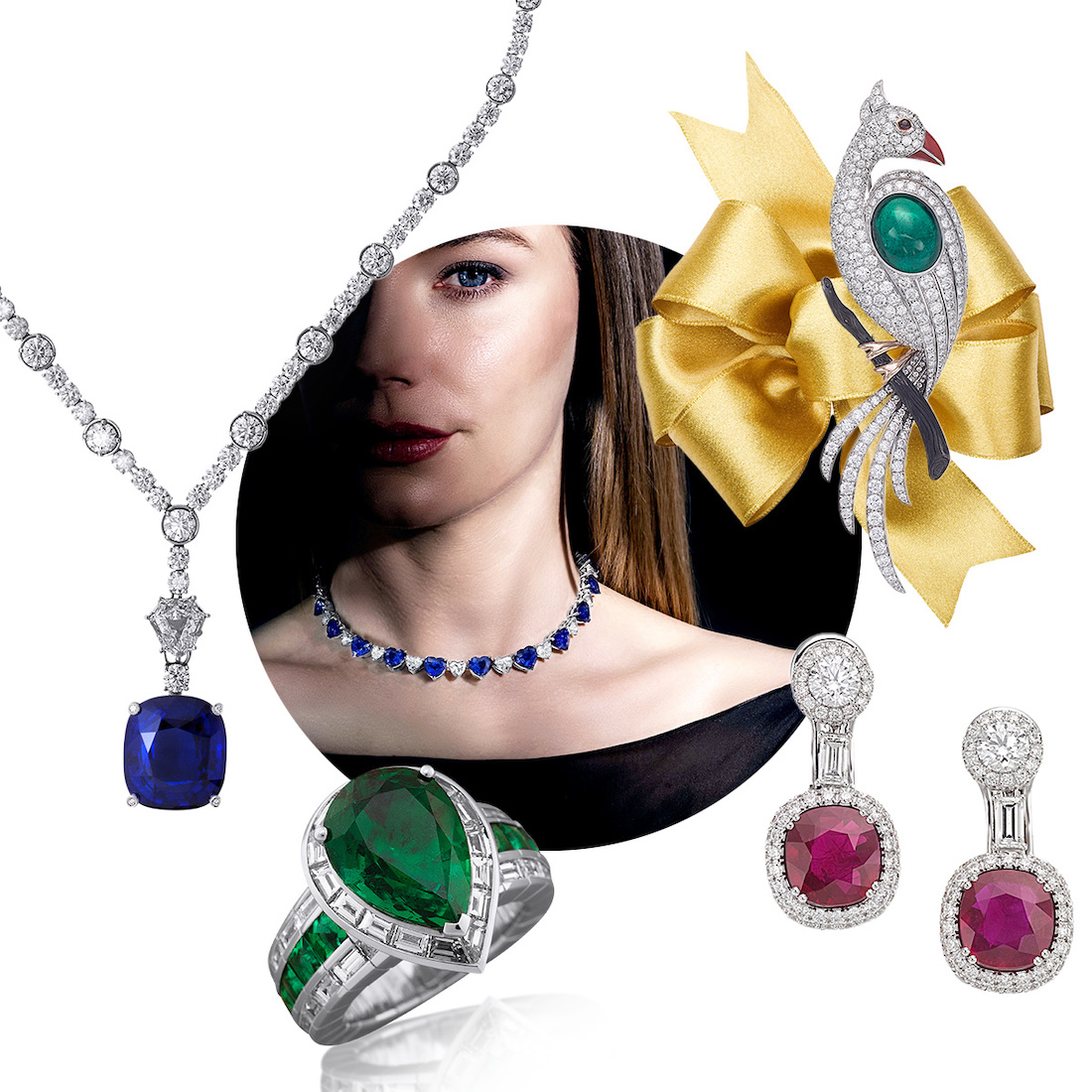 Clockwise from upper right – PICCHIOTTI Masterpieces Peacock brooch, PICCHIOTTI Masterpieces Ruby and Diamond earrings, PICCHIOTTI Xpandable Pear-Cut Emerald and Diamond ring, PICCHIOTTI Masterpieces Sapphire pendant necklace, PICCHIOTTI Sapphire and Diamond Heart necklace 