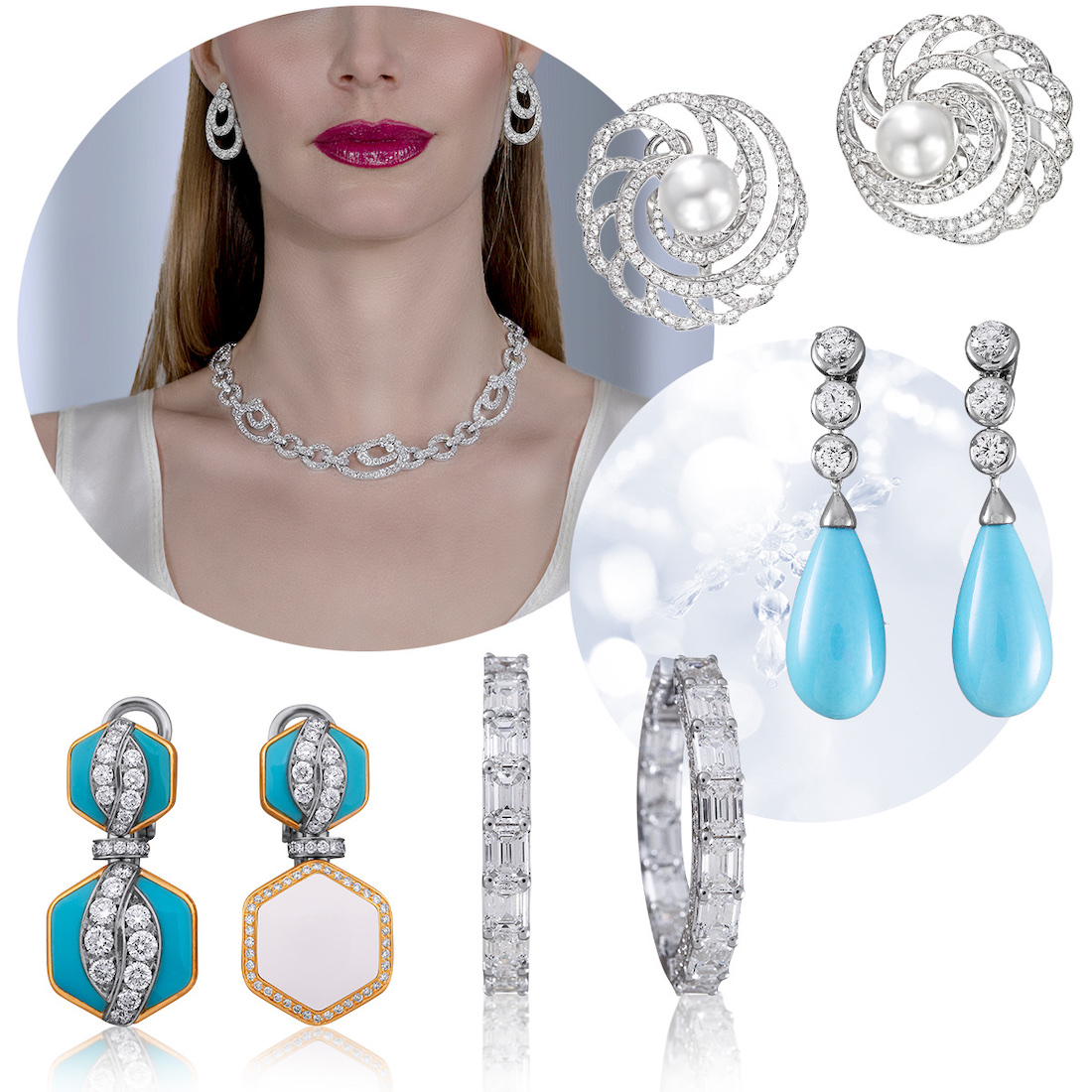 PICCHIOTTI Pearl and Diamond Hoop earrings, PICCHIOTTI Essentially Color Turquoise and Diamond drop earrings, PICCHIOTTI Classic Diamond Hoop earrings, PICCHIOTTI Reversible Xpandable Turquoise, White Ceramic, and Diamond earrings, model wearing PICCHIOTTI Swirl necklace and earrings