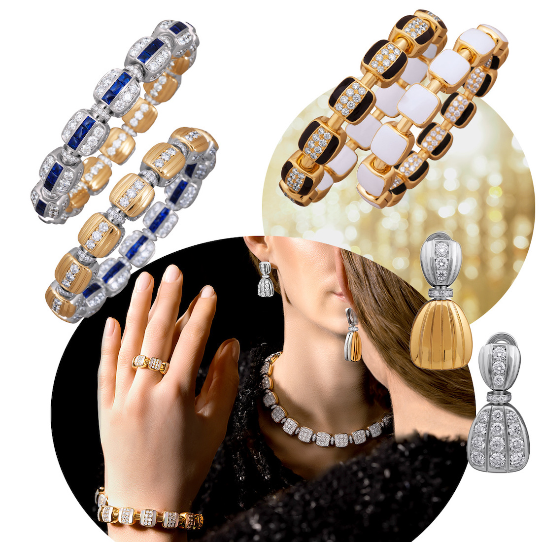 Clockwise from upper right – PICCHIOTTI Reversible Xpandable Black Onyx, White Ceramic, and Diamond earrings, PICCHIOTTI Reversible Gold and Diamond drop earrings, model wearing PICCHIOTTI Reversible Xpandable necklace, bracelet, and earrings, PICCHIOTTI Xpandable Sapphire, Diamonds, and Gold bracelet