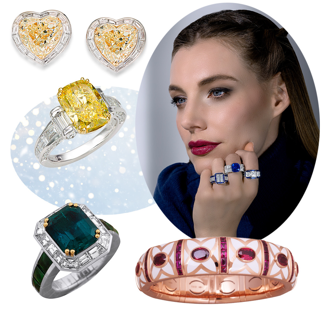 Clockwise from upper right – model wearing PICCHIOTTI Xpandable Sapphire cocktail rings, PICCHIOTTI Gem Ceramic Ruby bracelet, PICCHIOTTI Xpandable Emerald and Diamond ring, PICCHIOTTI Xpandable Yellow Diamond engagement ring, PICCHIOTTI Masterpieces Fancy Yellow Diamond Heart earrings